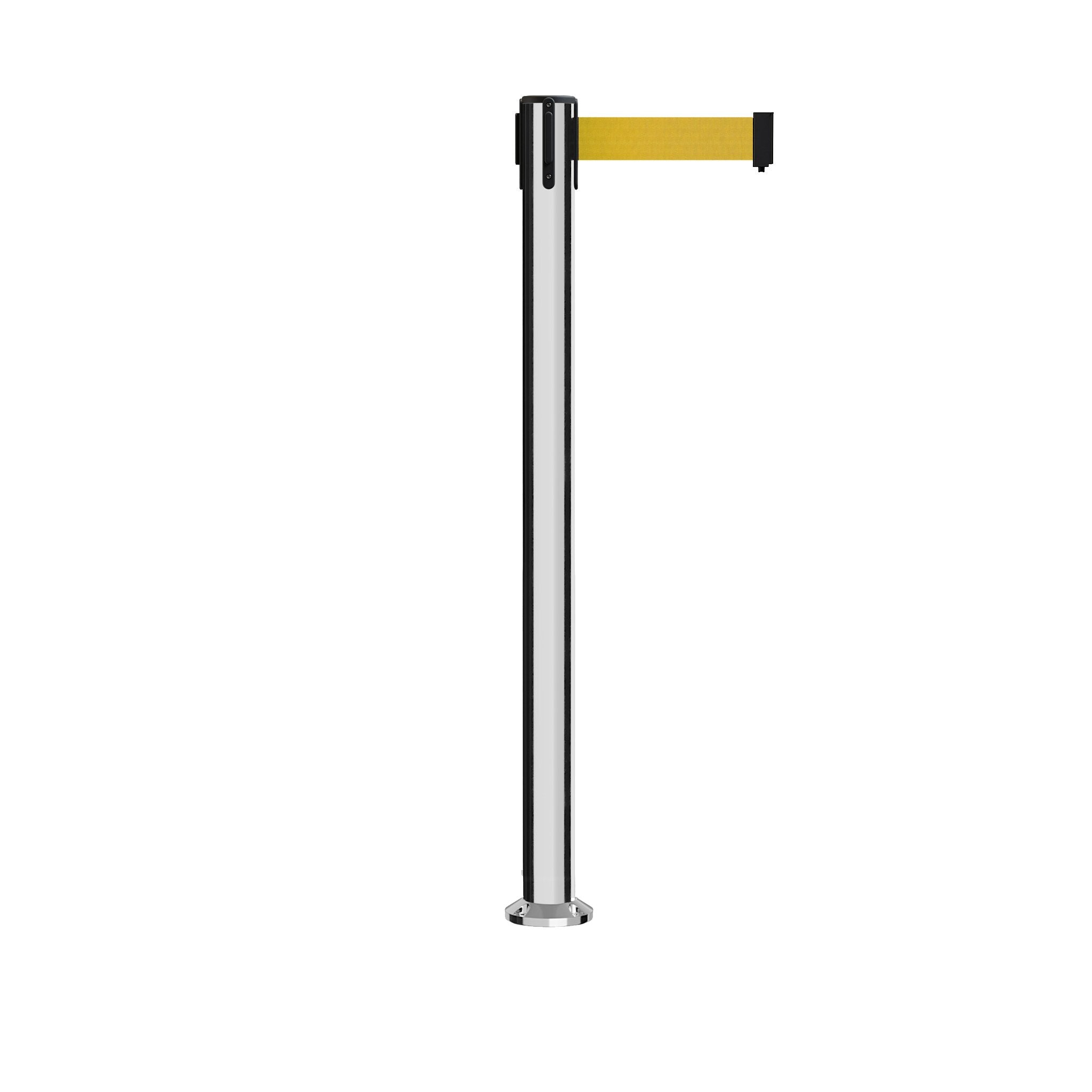 Retractable Belt Barrier Stanchion, Fixed Base, Polished Stainless Steel Post, 11 Ft. Belt - Montour Line MX630F - Crowd Control Warehouse
