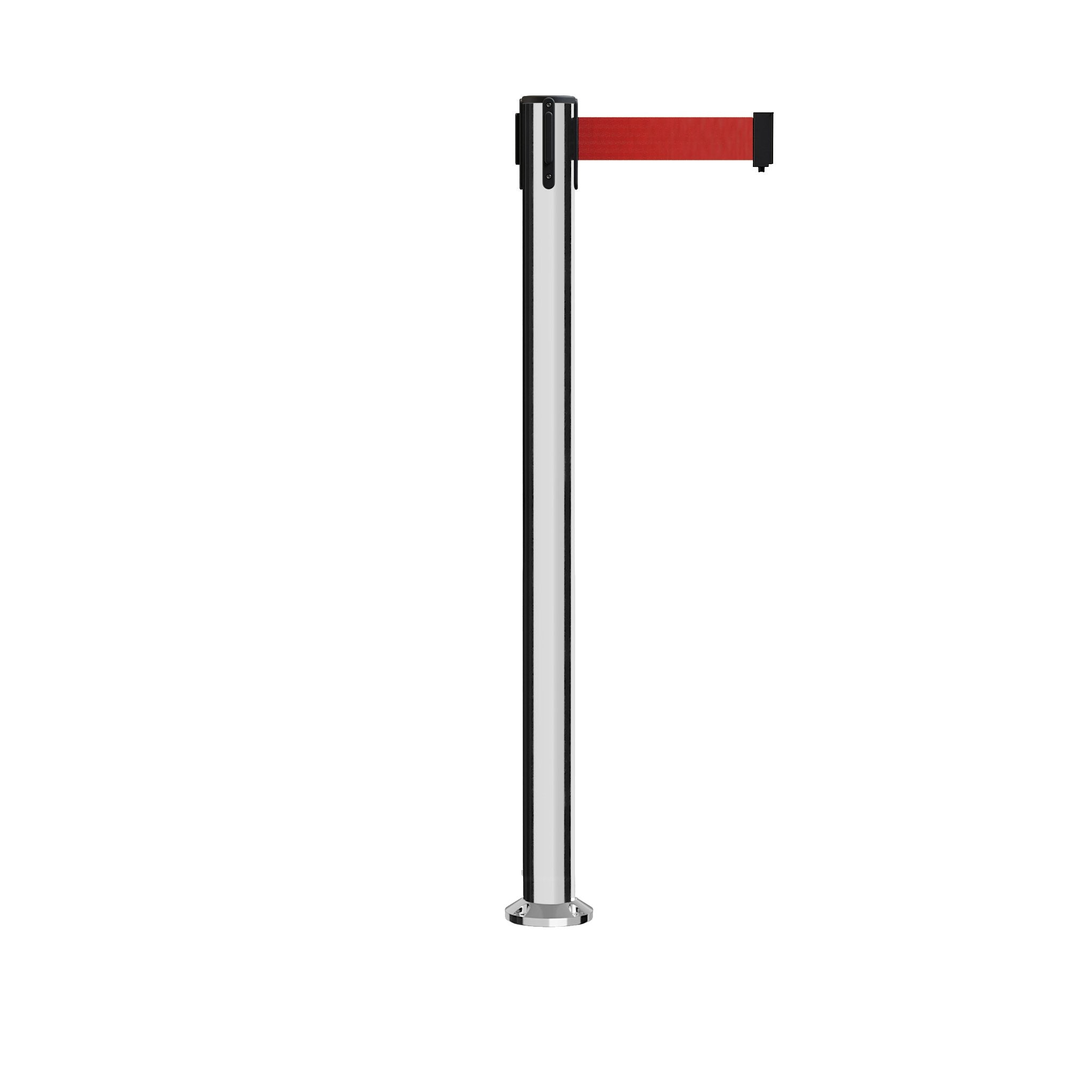 Retractable Belt Barrier Stanchion, Fixed Base, Polished Stainless Steel Post, 11 Ft. Belt - Montour Line MX630F - Crowd Control Warehouse