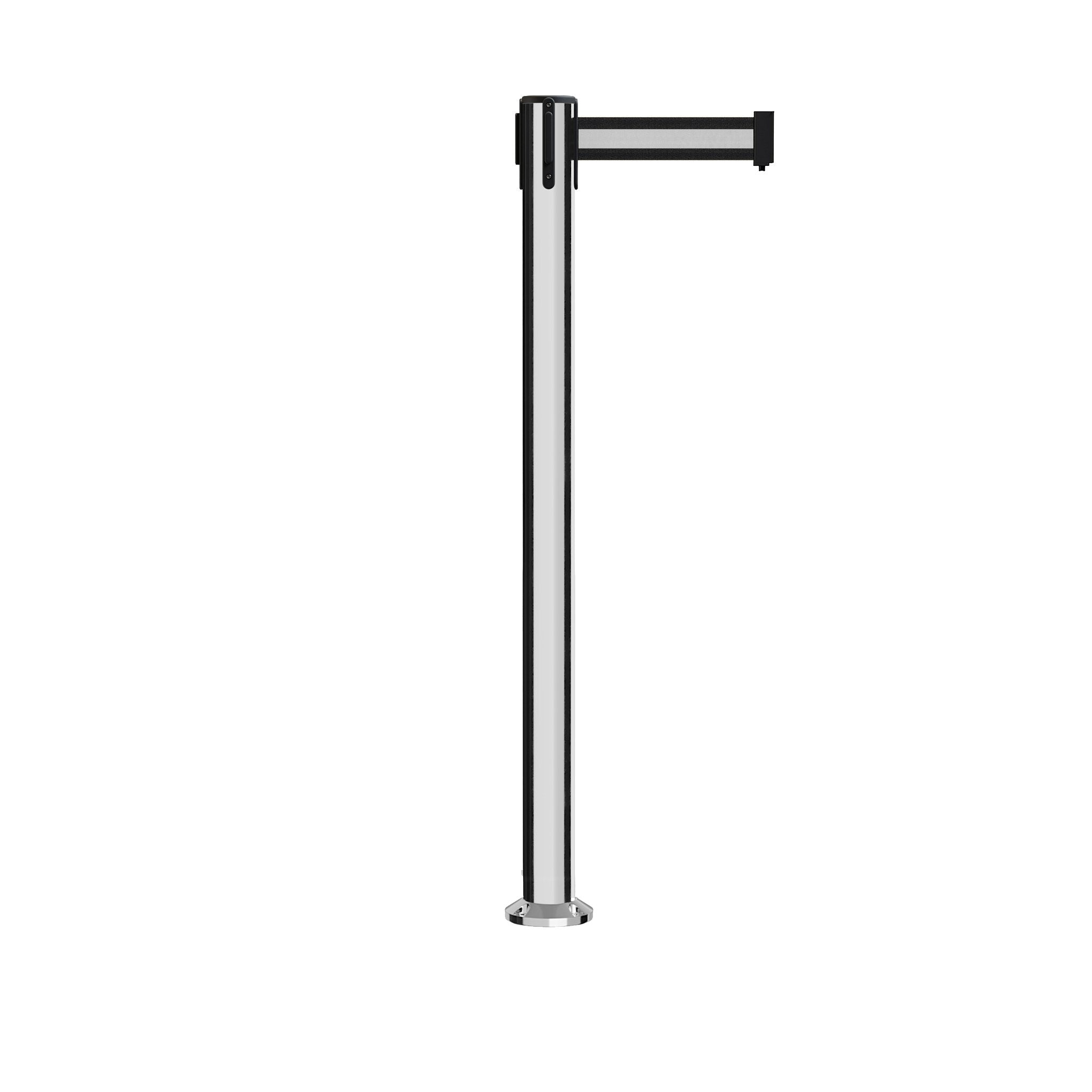 Retractable Belt Barrier Stanchion, Fixed Base, Polished Stainless Steel Post, 11 Ft. Belt - Montour Line MX630F - Crowd Control Warehouse