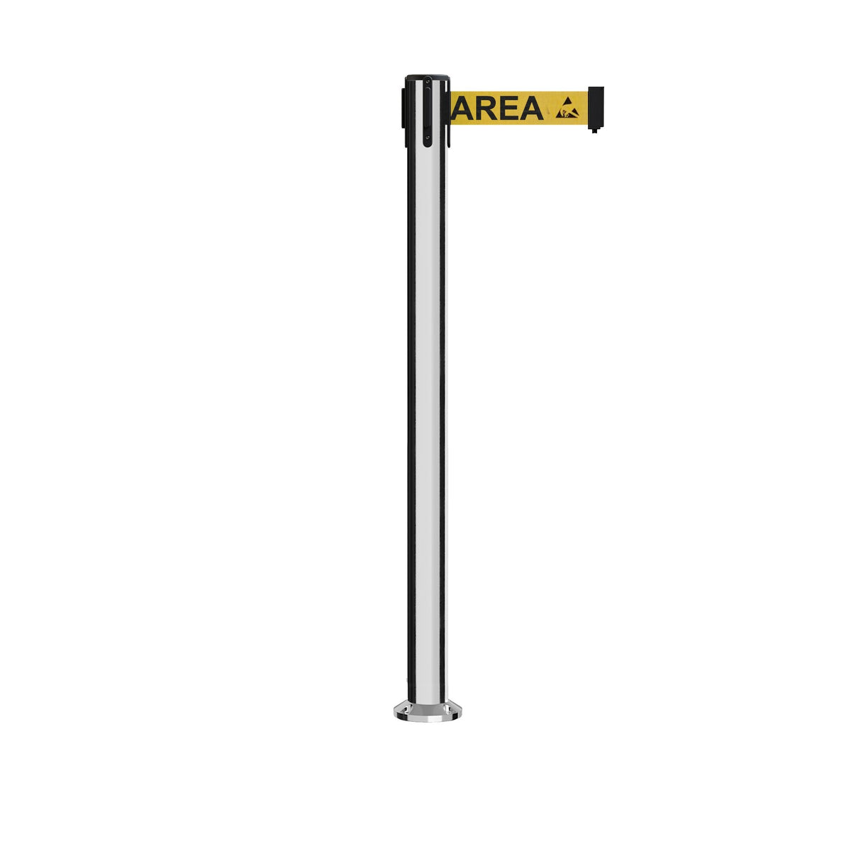Retractable Belt Barrier Stanchion, Fixed Base, Polished Stainless Steel Post, 11 Ft. Belt - Montour Line MX630F - Crowd Control Warehouse