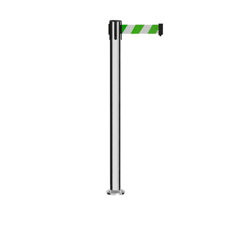 Retractable Belt Barrier Stanchion, Fixed Base, Polished Stainless Steel Post, 11 Ft. Belt - Montour Line MX630F - Crowd Control Warehouse