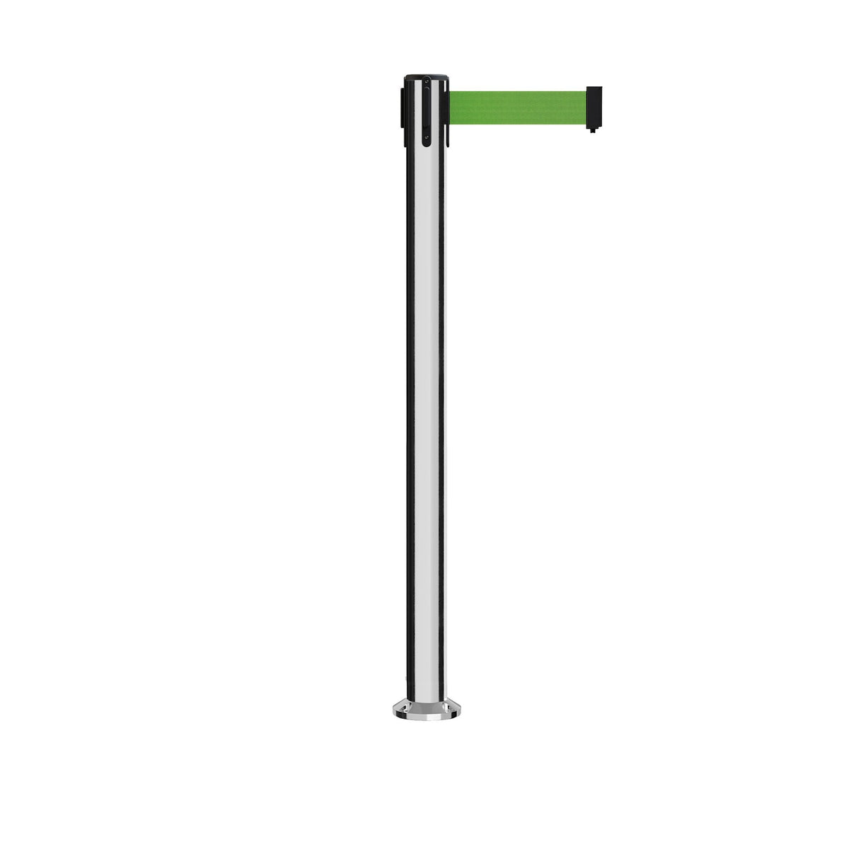 Retractable Belt Barrier Stanchion, Fixed Base, Polished Stainless Steel Post, 11 Ft. Belt - Montour Line MX630F - Crowd Control Warehouse