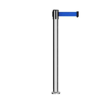Retractable Belt Barrier Stanchion, Fixed Base, Polished Stainless Steel Post, 11 Ft. Belt - Montour Line MX630F - Crowd Control Warehouse