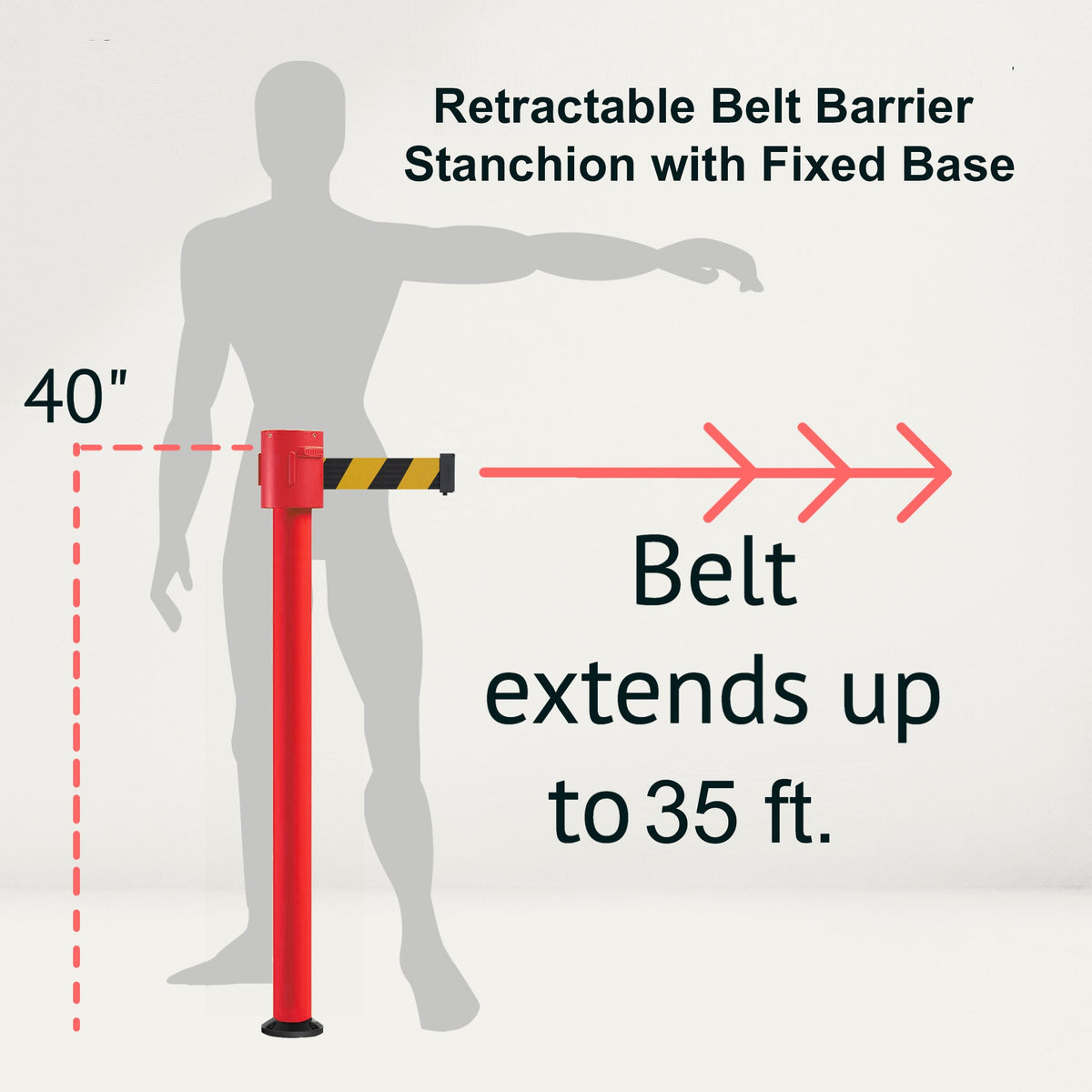 Retractable Belt Barrier Stanchion, Fixed Base, Red Post, 35 ft Belt - Montour Line MSX760F - Crowd Control Warehouse