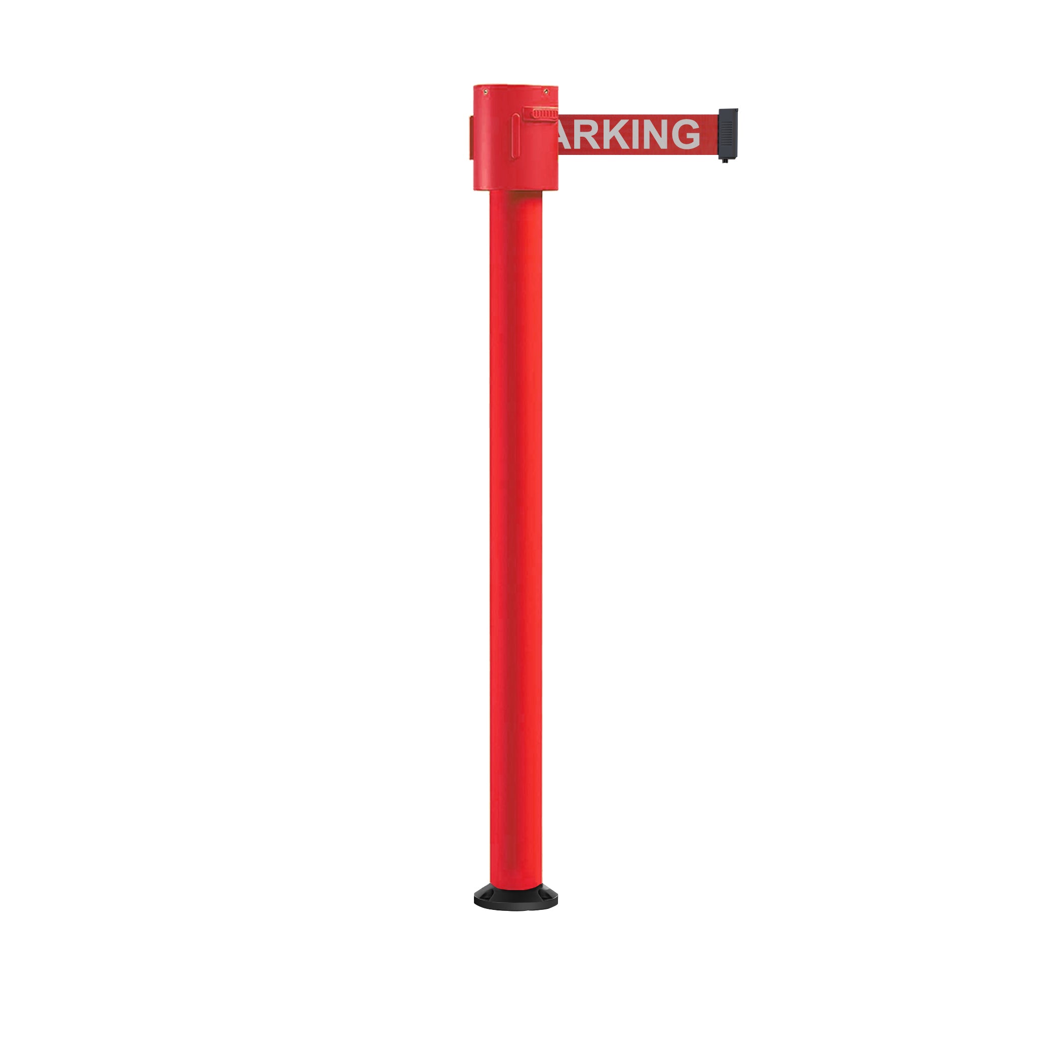Retractable Belt Barrier Stanchion, Fixed Base, Red Post, 35 ft Belt - Montour Line MSX760F - Crowd Control Warehouse