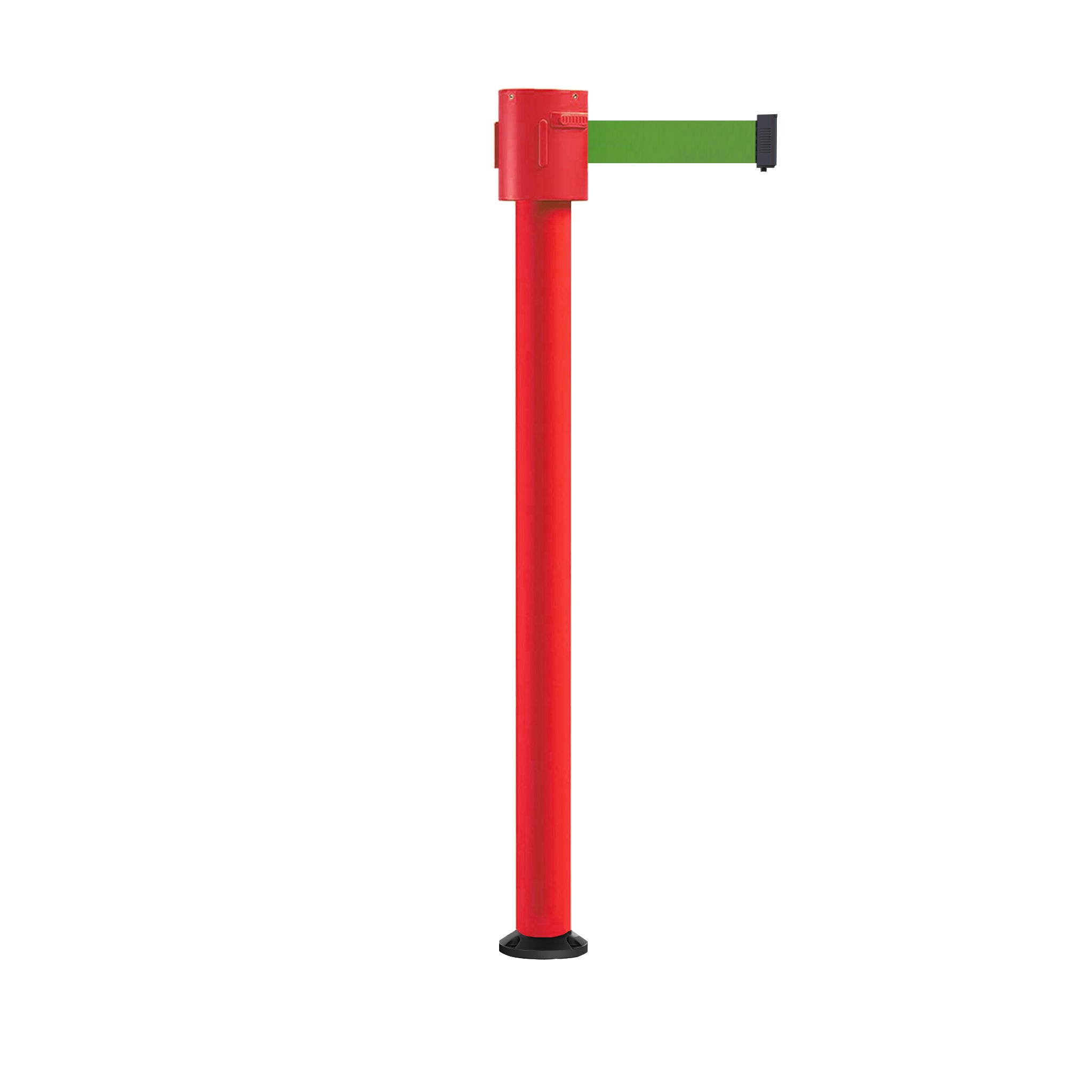 Retractable Belt Barrier Stanchion, Fixed Base, Red Post, 35 ft Belt - Montour Line MSX760F - Crowd Control Warehouse