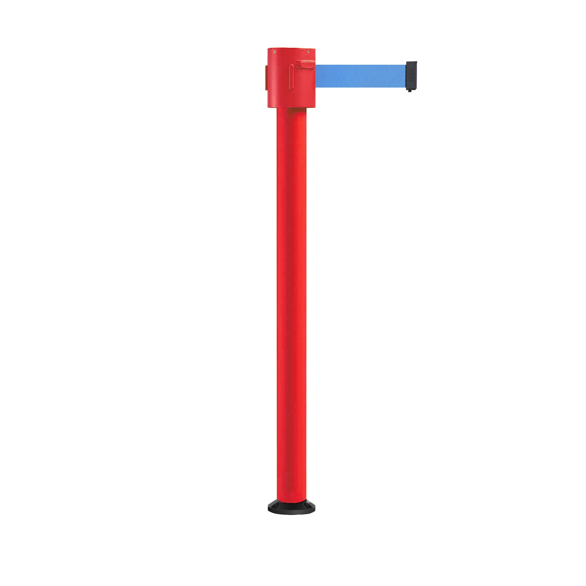 Retractable Belt Barrier Stanchion, Fixed Base, Red Post, 35 ft Belt - Montour Line MSX760F - Crowd Control Warehouse