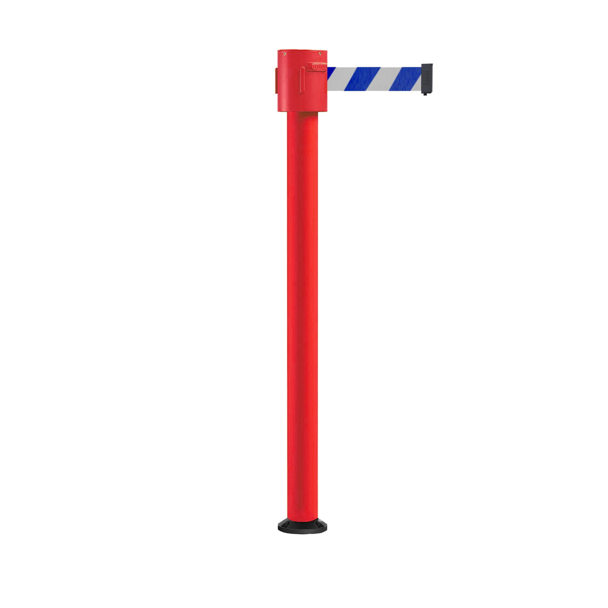 Retractable Belt Barrier Stanchion, Fixed Base, Red Post, 35 ft Belt - Montour Line MSX760F - Crowd Control Warehouse