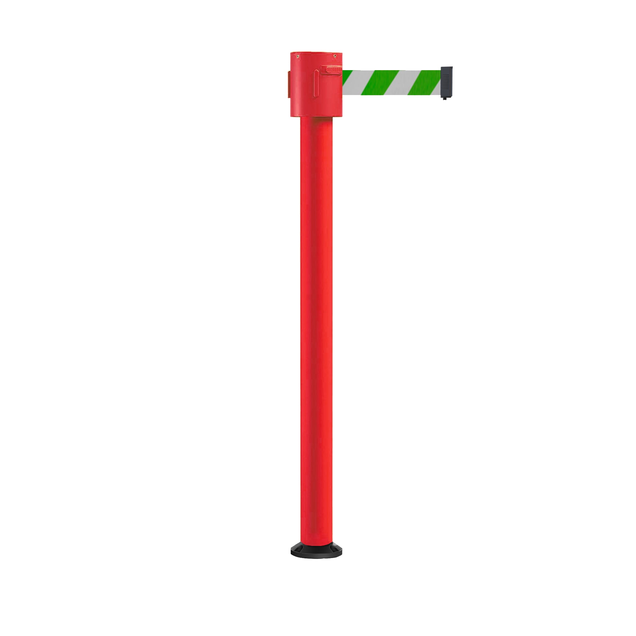 Retractable Belt Barrier Stanchion, Fixed Base, Red Post, 35 ft Belt - Montour Line MSX760F - Crowd Control Warehouse