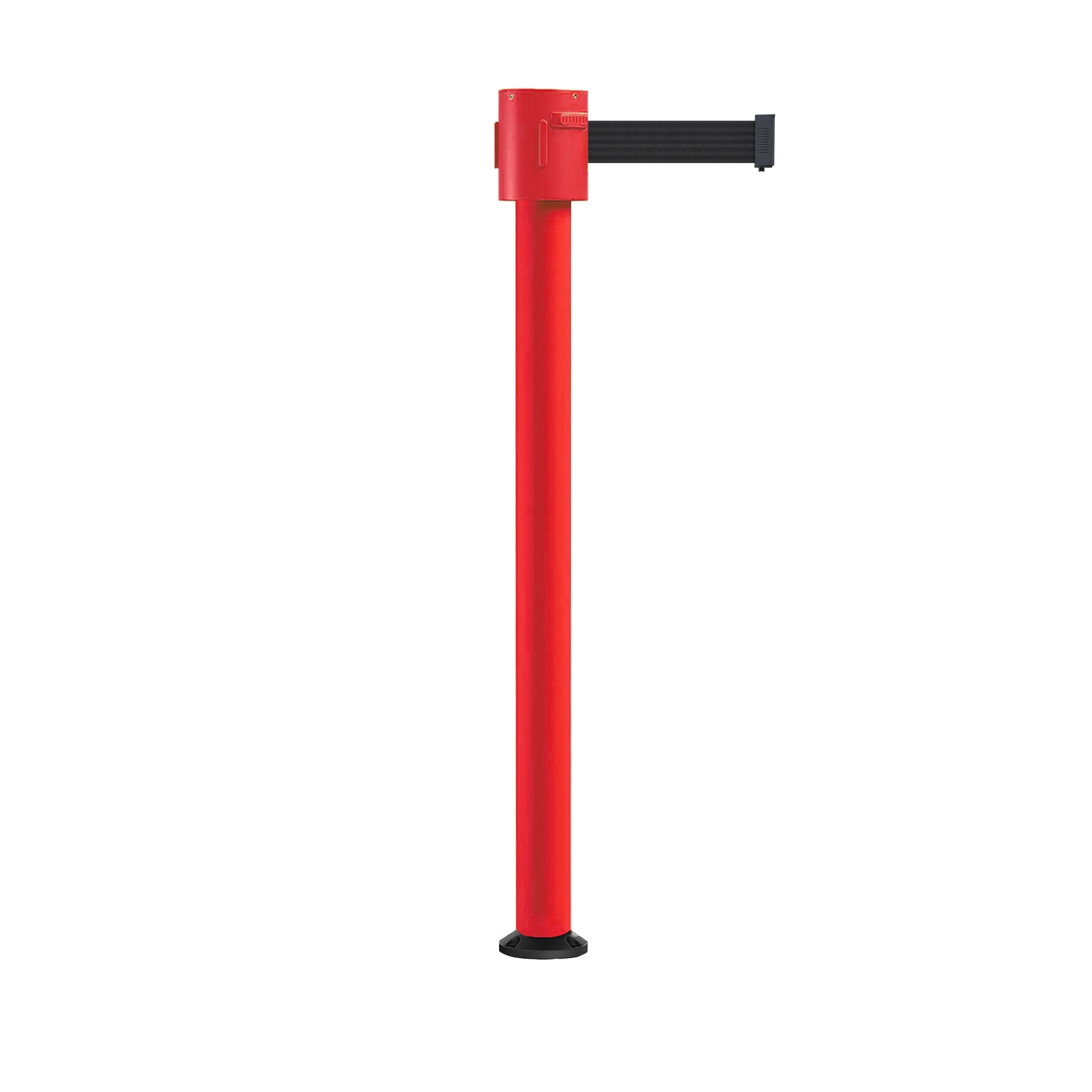Retractable Belt Barrier Stanchion, Fixed Base, Red Post, 35 ft Belt - Montour Line MSX760F - Crowd Control Warehouse