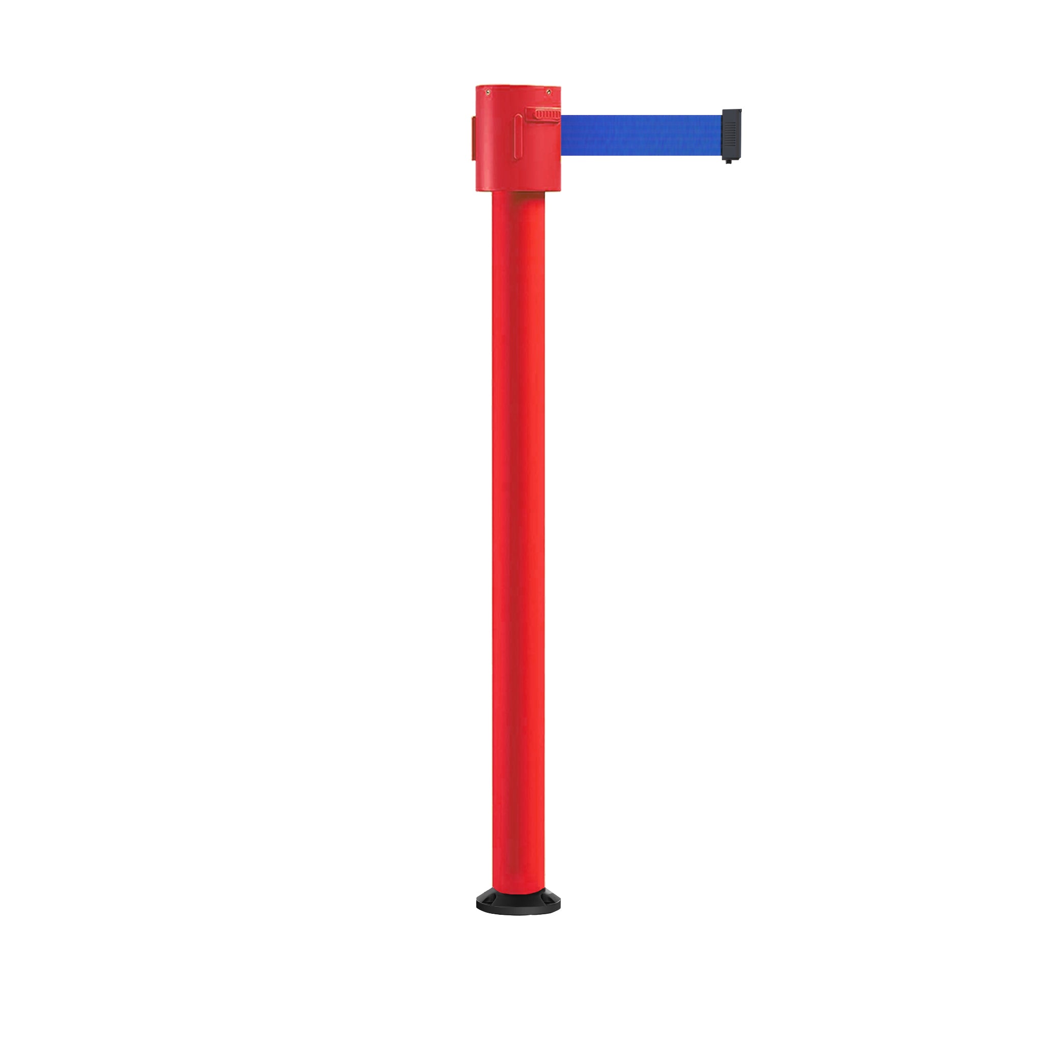 Retractable Belt Barrier Stanchion, Fixed Base, Red Post, 35 ft Belt - Montour Line MSX760F - Crowd Control Warehouse