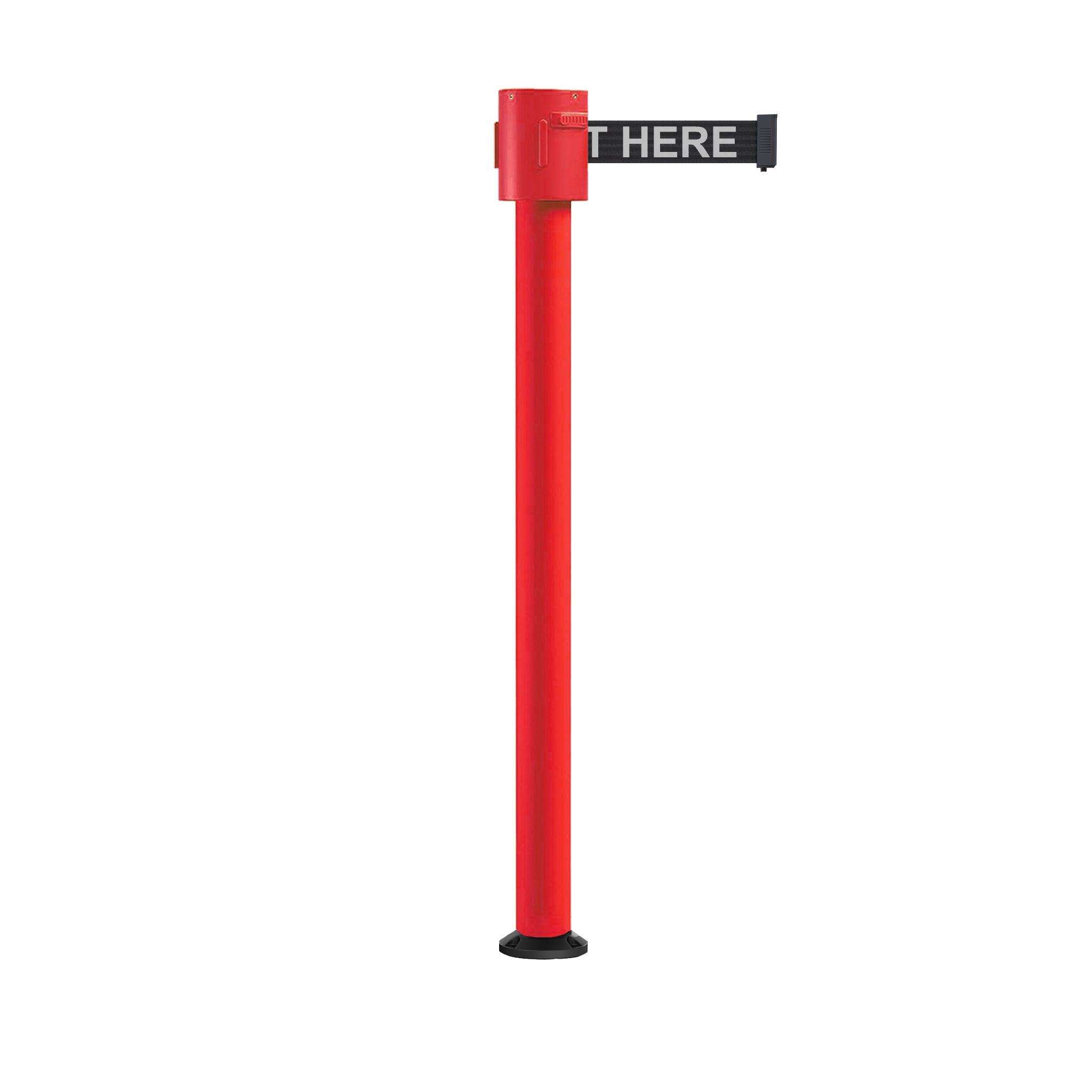 Retractable Belt Barrier Stanchion, Fixed Base, Red Post, 35 ft Belt - Montour Line MSX760F - Crowd Control Warehouse