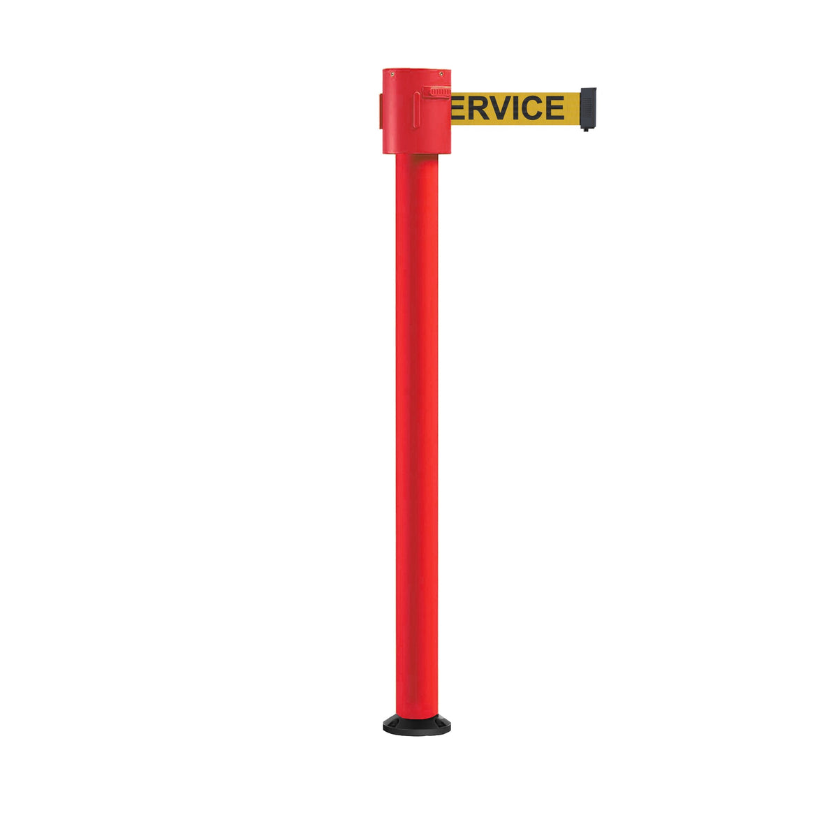 Retractable Belt Barrier Stanchion, Fixed Base, Red Post, 35 ft Belt - Montour Line MSX760F - Crowd Control Warehouse