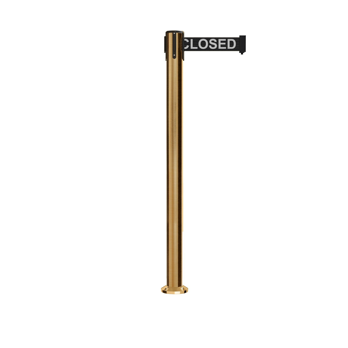 Retractable Belt Barrier Stanchion, Fixed Base, Satin Brass Post, 11 Ft. Belt - Montour Line MX630F - Crowd Control Warehouse