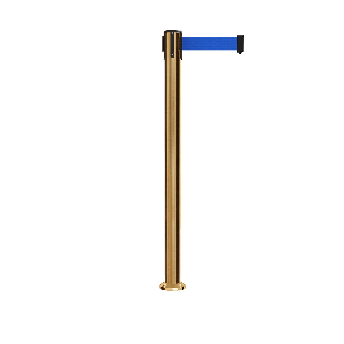 Retractable Belt Barrier Stanchion, Fixed Base, Satin Brass Post, 11 Ft. Belt - Montour Line MX630F - Crowd Control Warehouse