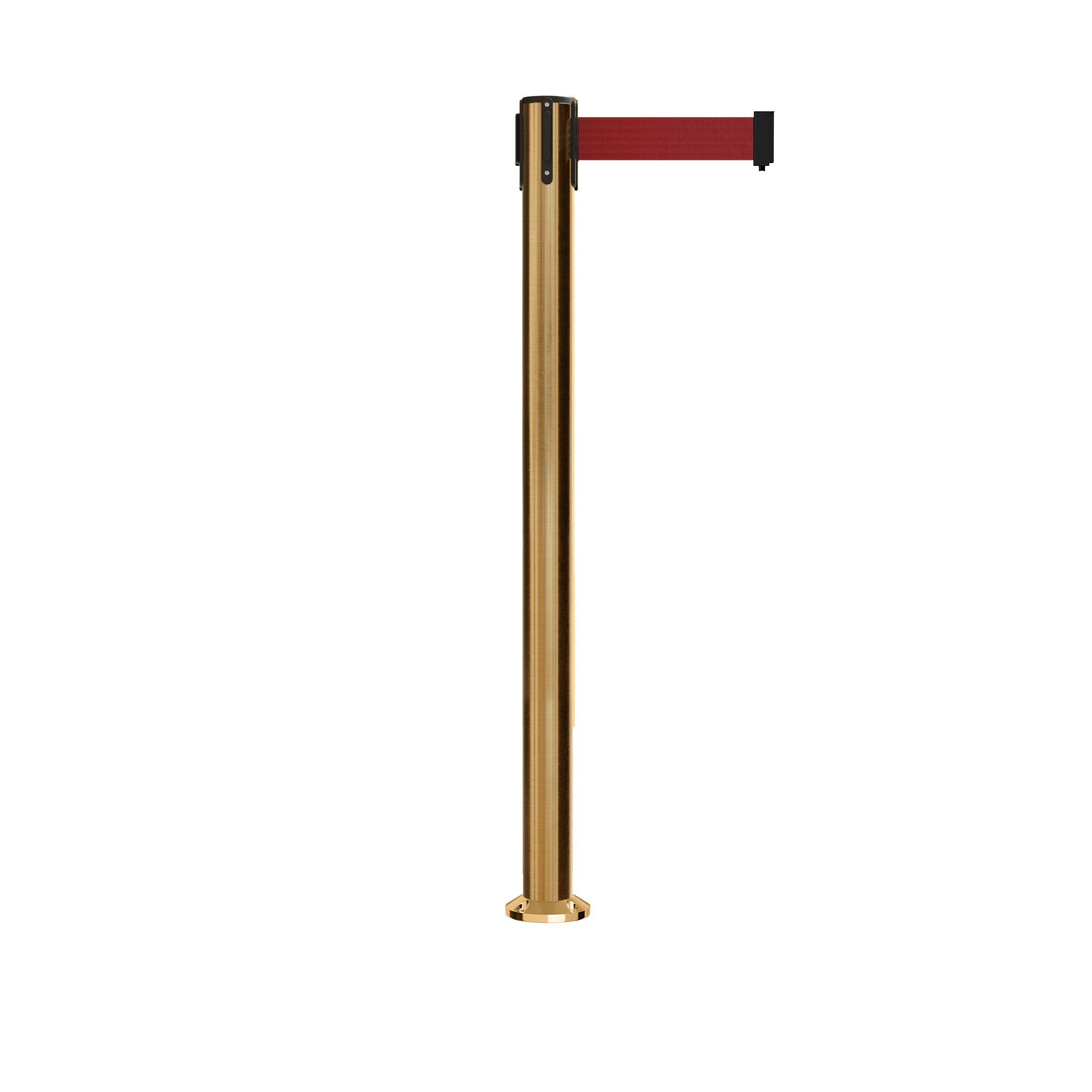 Retractable Belt Barrier Stanchion, Fixed Base, Satin Brass Post, 11 Ft. Belt - Montour Line MX630F - Crowd Control Warehouse