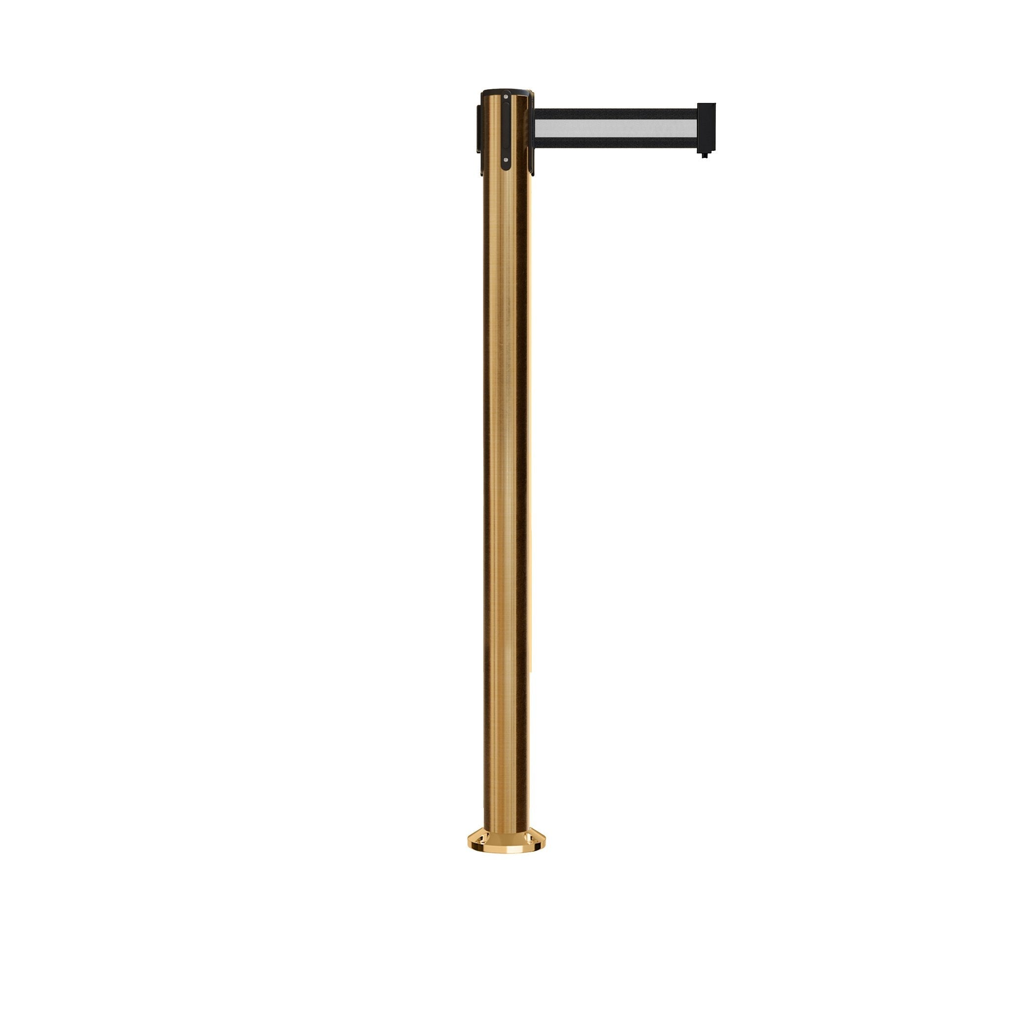 Retractable Belt Barrier Stanchion, Fixed Base, Satin Brass Post, 11 Ft. Belt - Montour Line MX630F - Crowd Control Warehouse