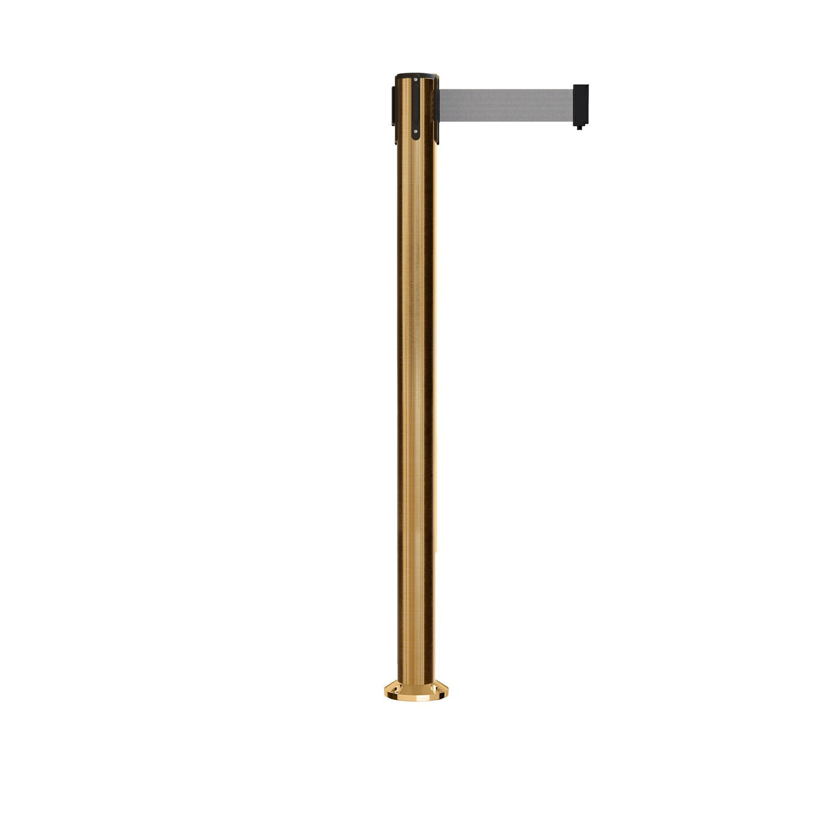 Retractable Belt Barrier Stanchion, Fixed Base, Satin Brass Post, 11 Ft. Belt - Montour Line MX630F - Crowd Control Warehouse