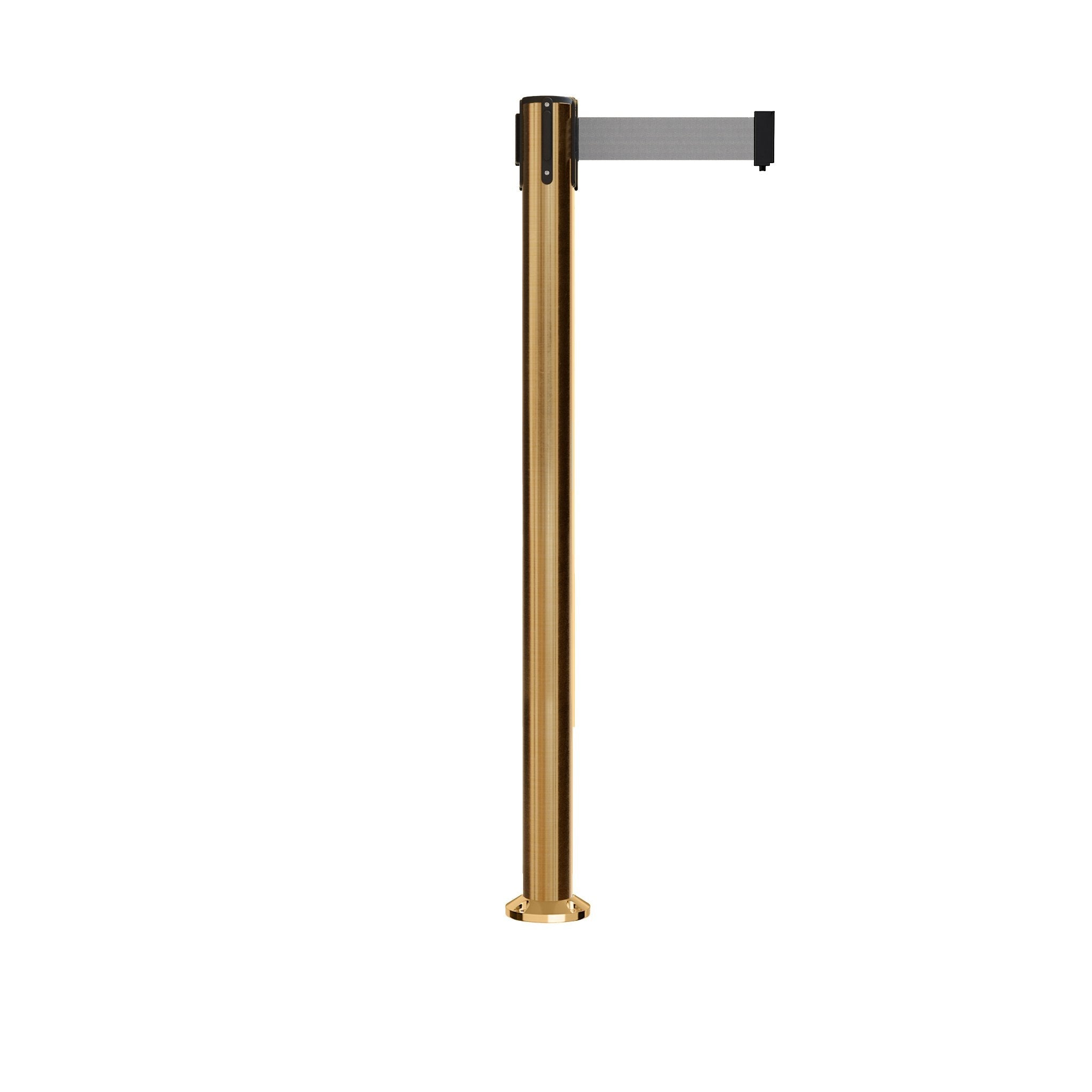 Retractable Belt Barrier Stanchion, Fixed Base, Satin Brass Post, 11 Ft. Belt - Montour Line MX630F - Crowd Control Warehouse