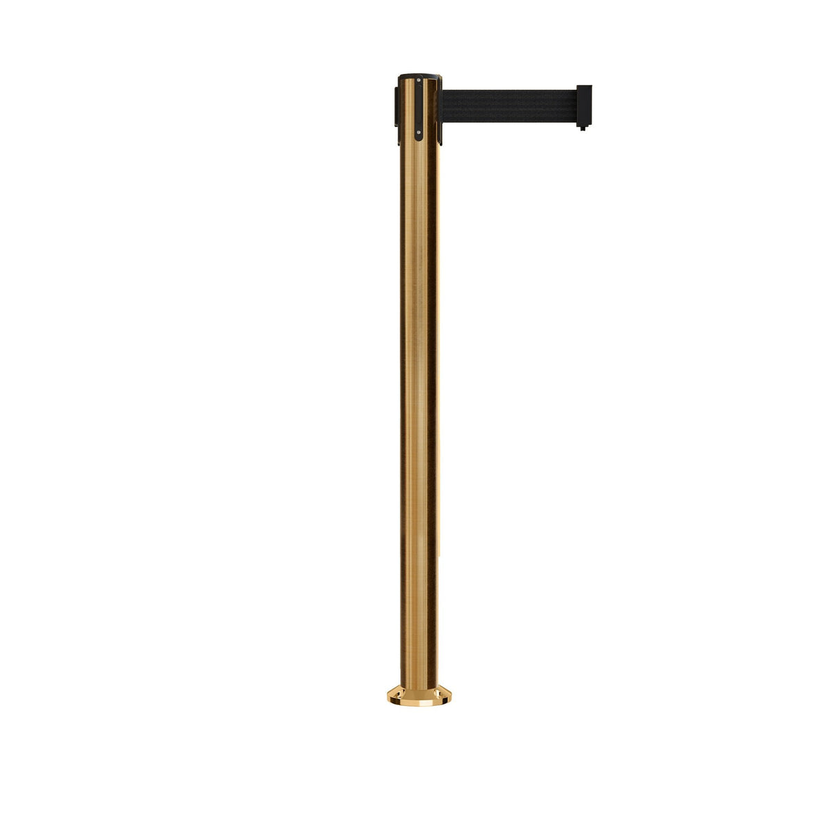 Retractable Belt Barrier Stanchion, Fixed Base, Satin Brass Post, 11 Ft. Belt - Montour Line MX630F - Crowd Control Warehouse