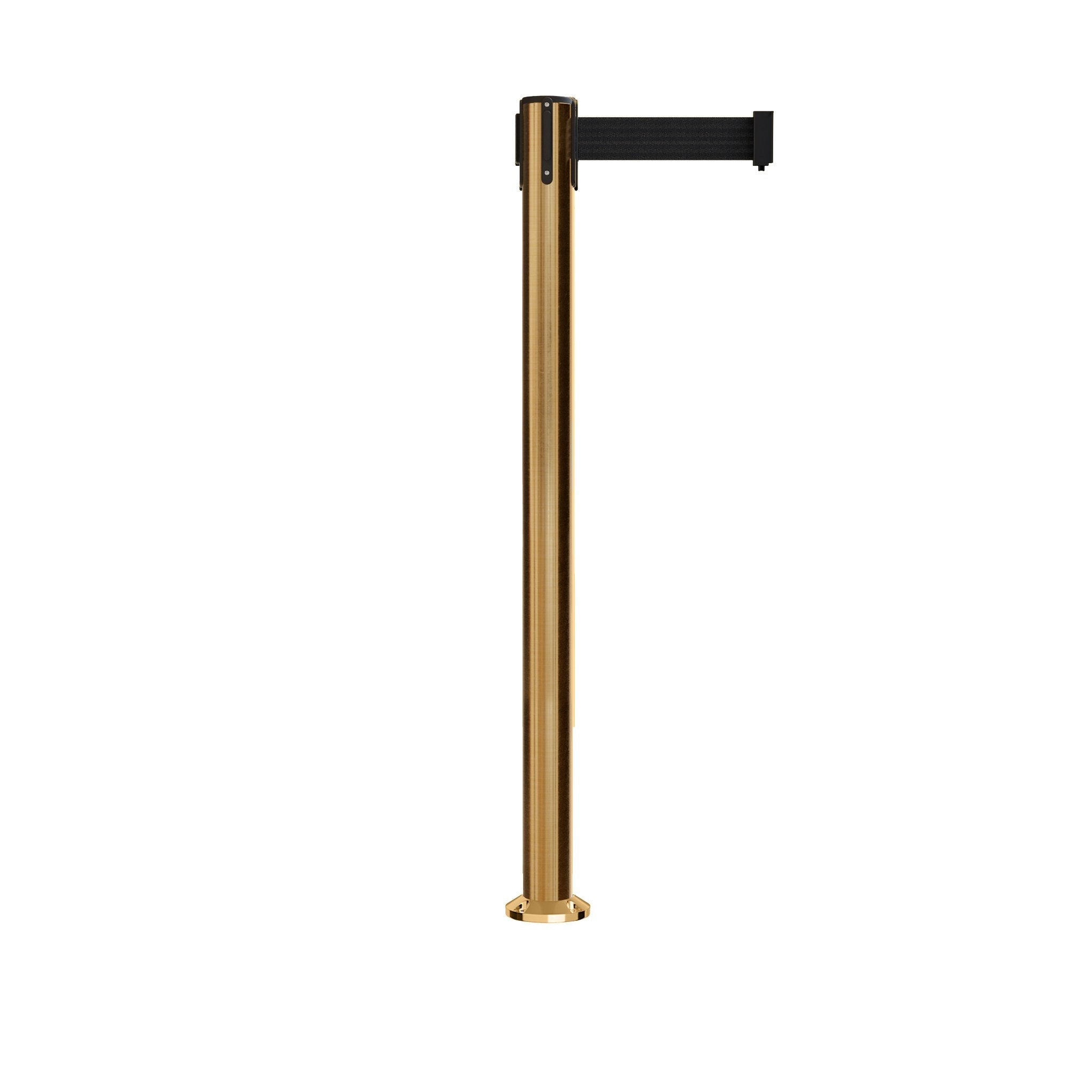 Retractable Belt Barrier Stanchion, Fixed Base, Satin Brass Post, 11 Ft. Belt - Montour Line MX630F - Crowd Control Warehouse