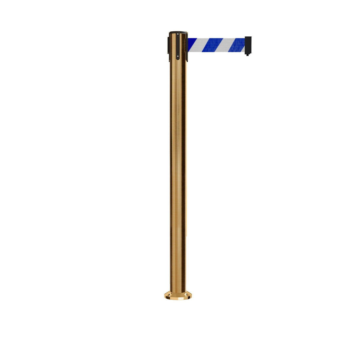 Retractable Belt Barrier Stanchion, Fixed Base, Satin Brass Post, 11 Ft. Belt - Montour Line MX630F - Crowd Control Warehouse