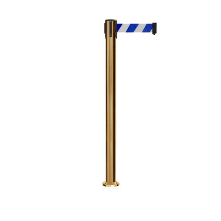 Retractable Belt Barrier Stanchion, Fixed Base, Satin Brass Post, 11 Ft. Belt - Montour Line MX630F - Crowd Control Warehouse