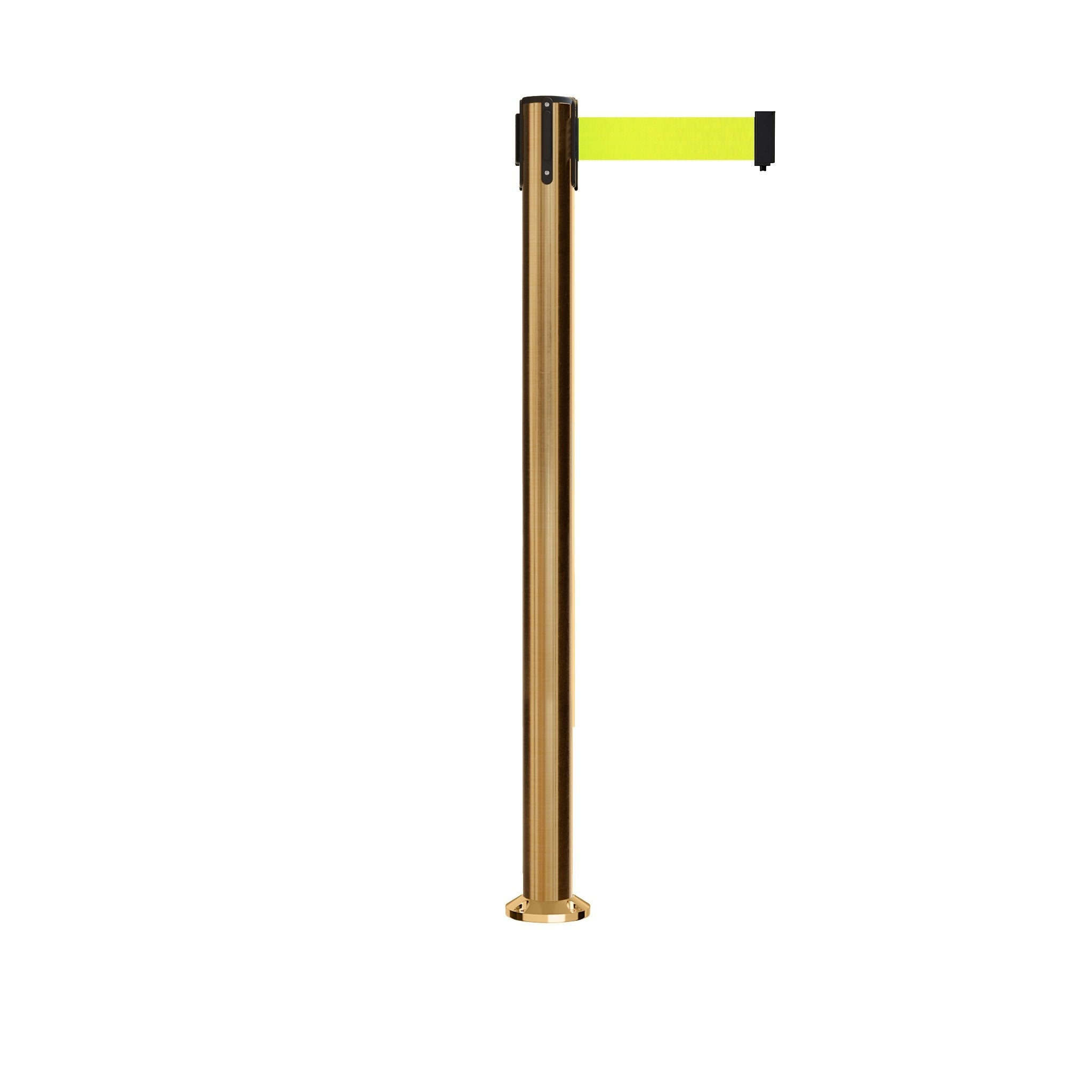 Retractable Belt Barrier Stanchion, Fixed Base, Satin Brass Post, 11 Ft. Belt - Montour Line MX630F - Crowd Control Warehouse