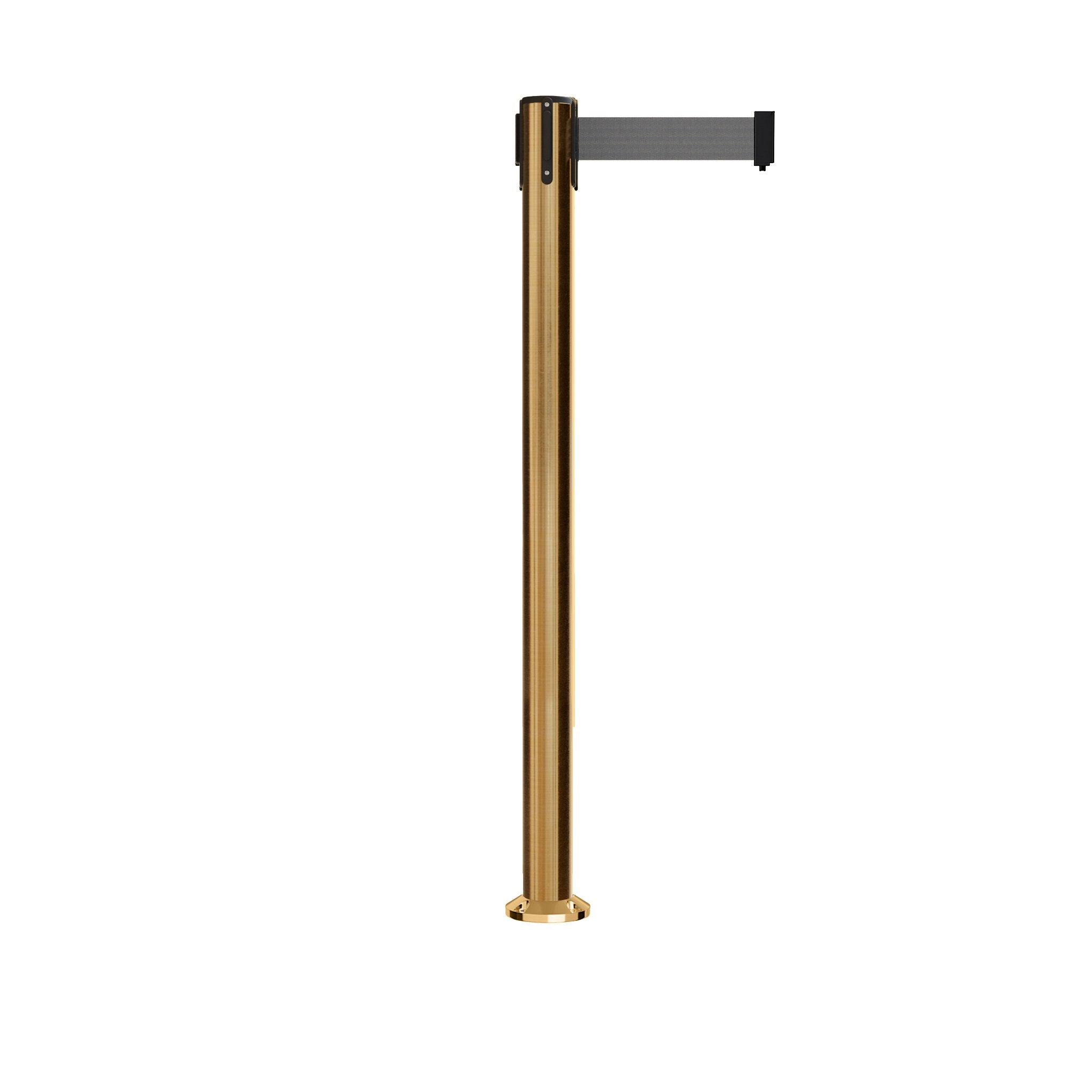 Retractable Belt Barrier Stanchion, Fixed Base, Satin Brass Post, 11 Ft. Belt - Montour Line MX630F - Crowd Control Warehouse