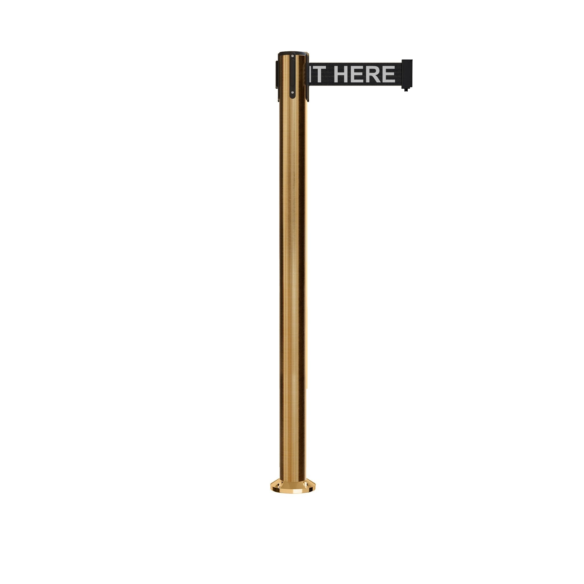 Retractable Belt Barrier Stanchion, Fixed Base, Satin Brass Post, 11 Ft. Belt - Montour Line MX630F - Crowd Control Warehouse