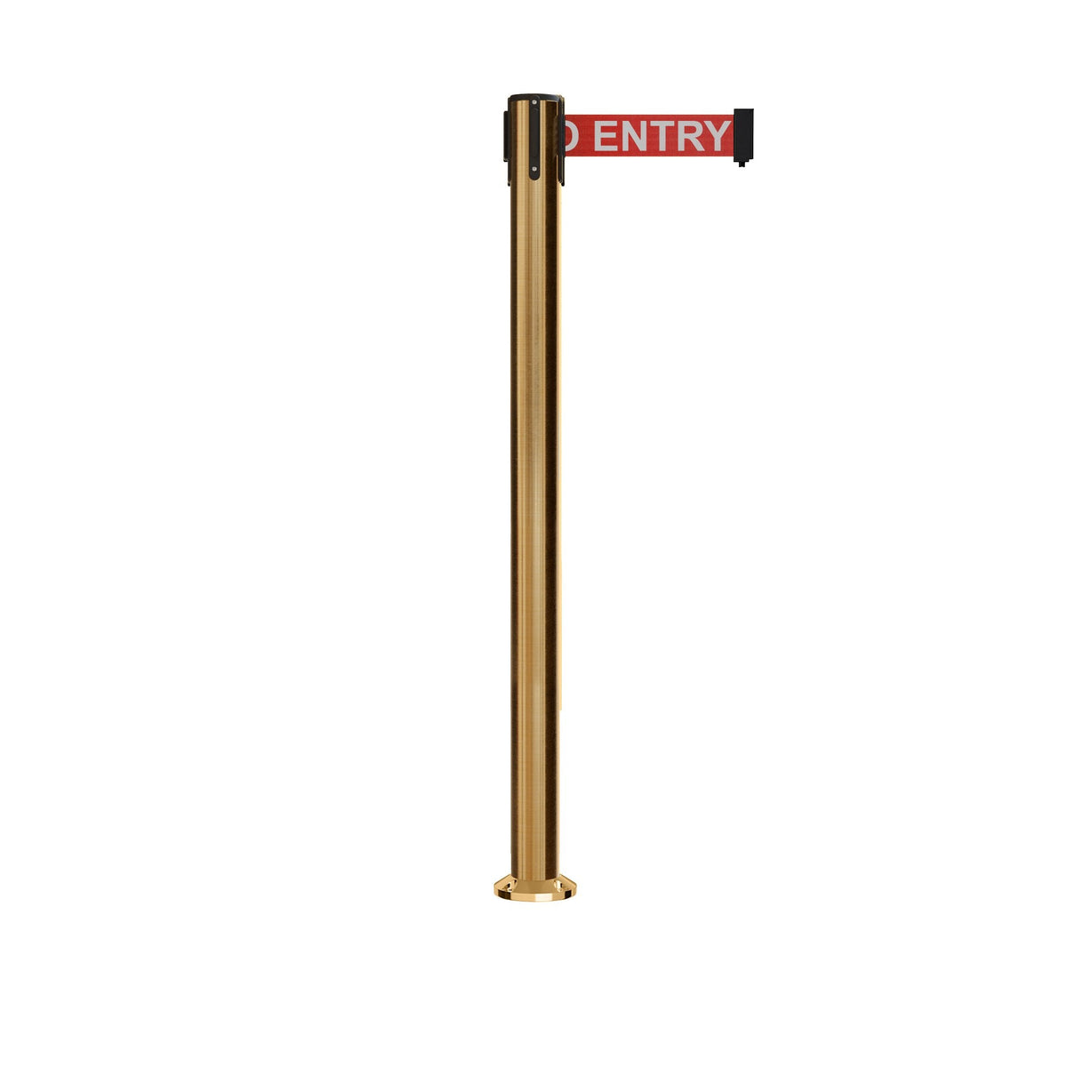Retractable Belt Barrier Stanchion, Fixed Base, Satin Brass Post, 11 Ft. Belt - Montour Line MX630F - Crowd Control Warehouse