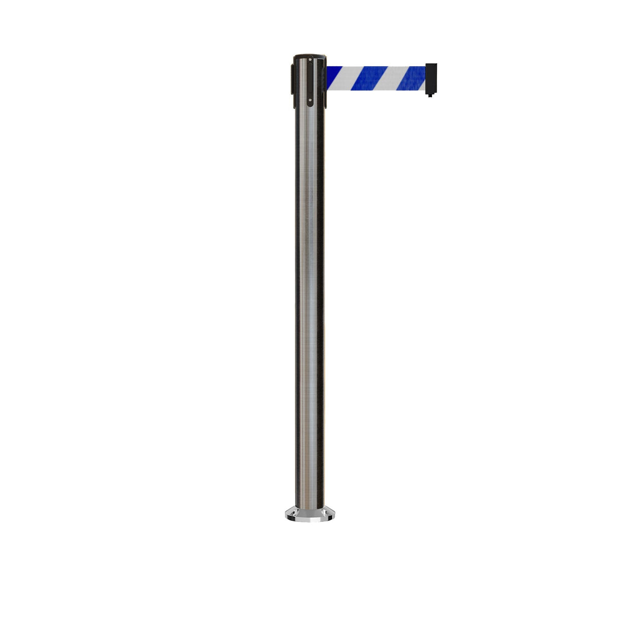 Retractable Belt Barrier Stanchion, Fixed Base, Satin Stainless Steel Post, 11 Ft. Belt - Montour Line MX630F - Crowd Control Warehouse