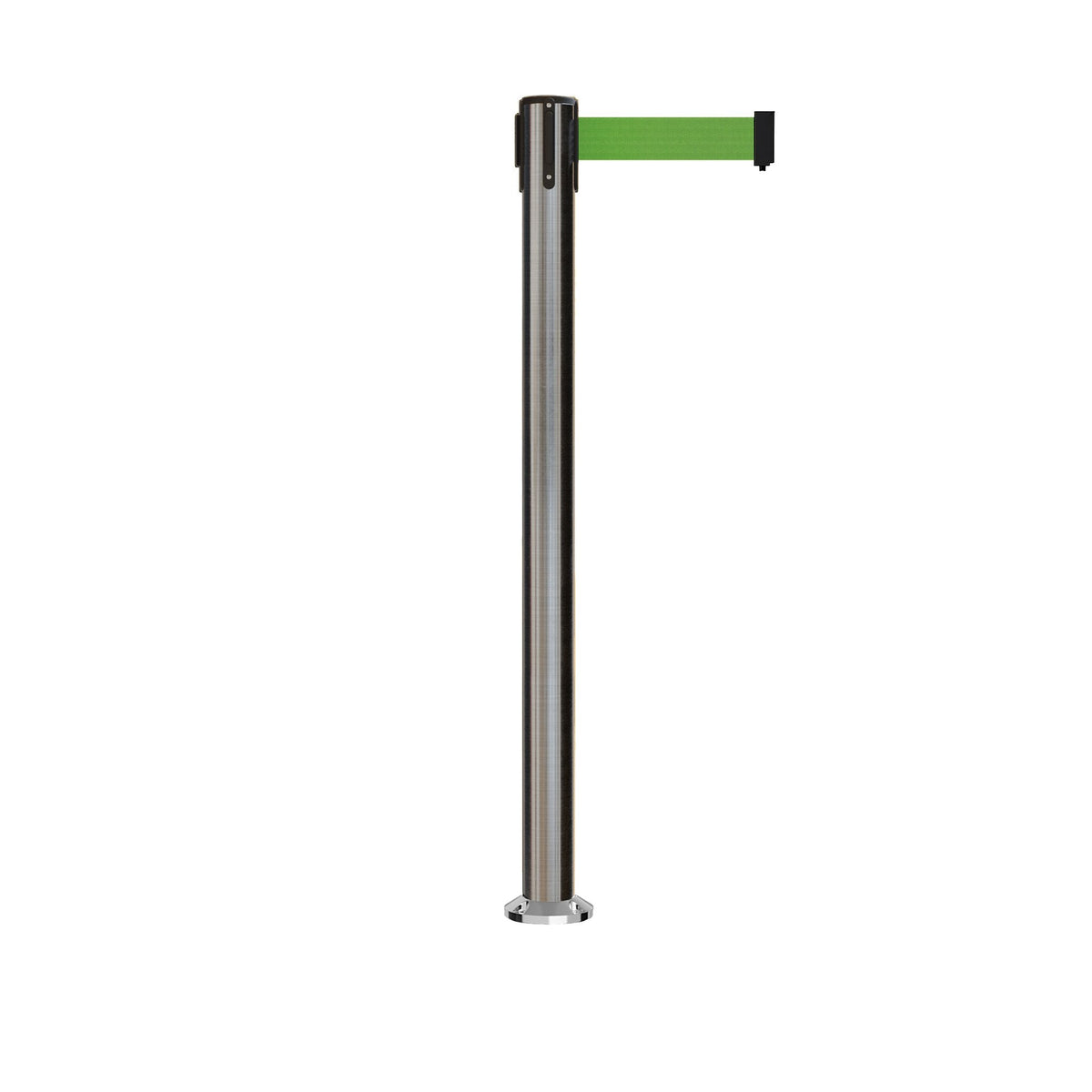 Retractable Belt Barrier Stanchion, Fixed Base, Satin Stainless Steel Post, 11 Ft. Belt - Montour Line MX630F - Crowd Control Warehouse