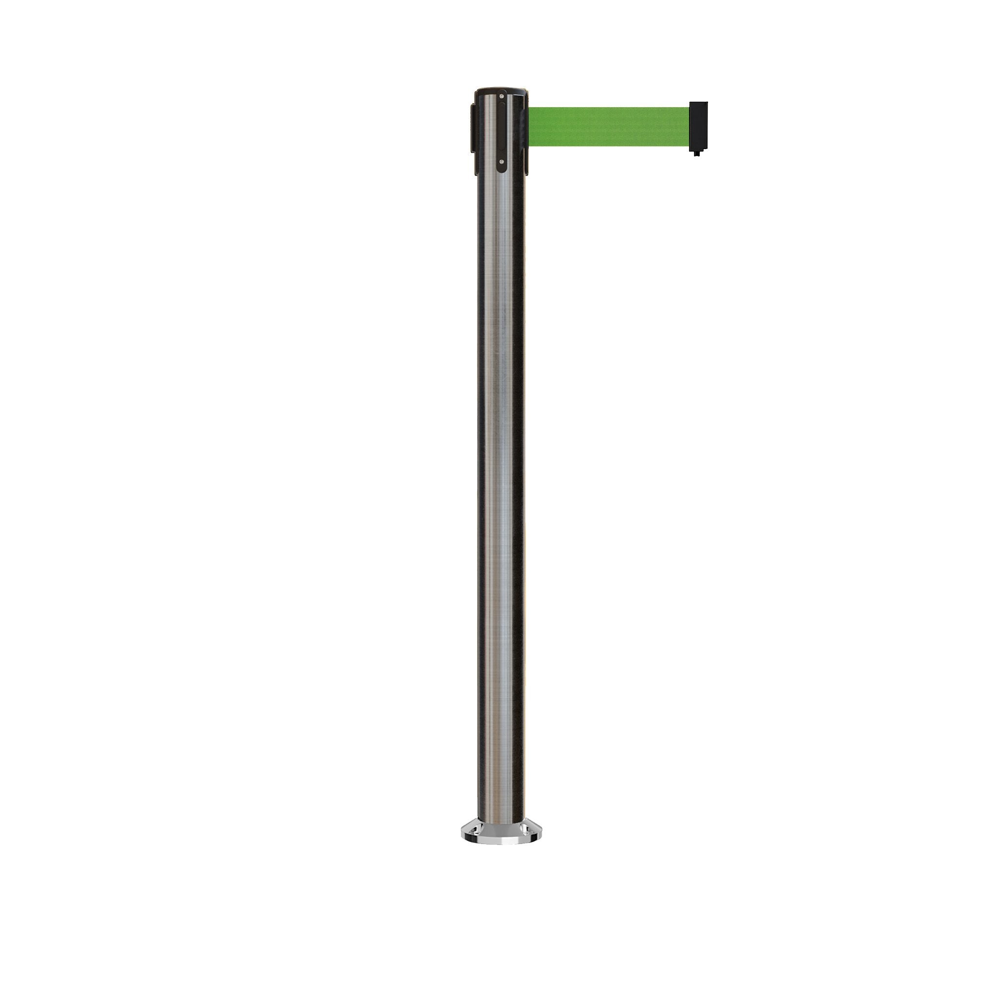 Retractable Belt Barrier Stanchion, Fixed Base, Satin Stainless Steel Post, 11 Ft. Belt - Montour Line MX630F - Crowd Control Warehouse