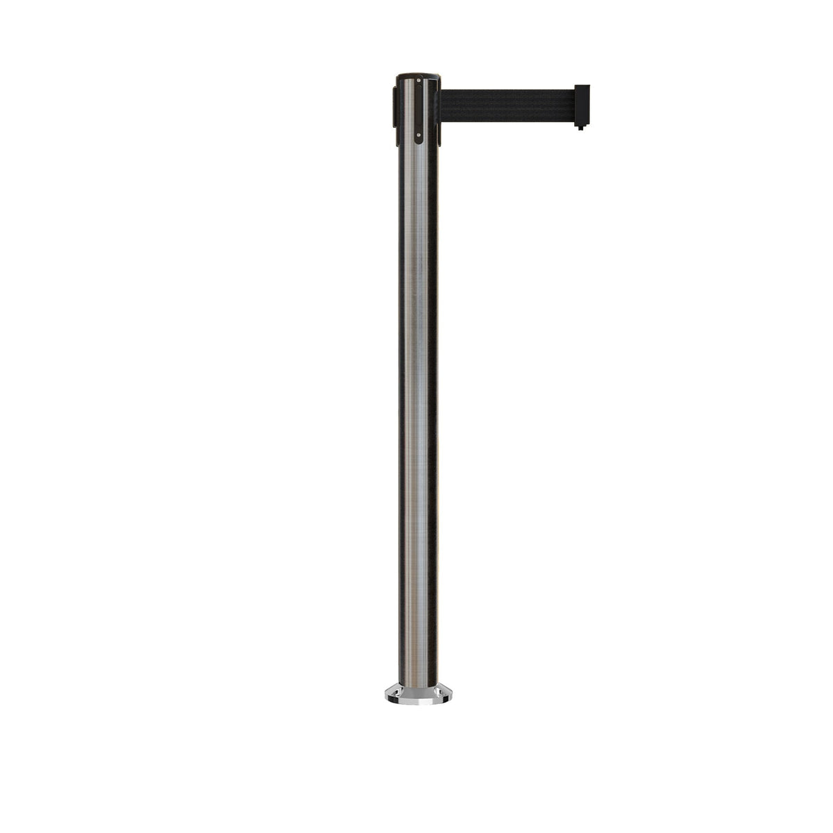 Retractable Belt Barrier Stanchion, Fixed Base, Satin Stainless Steel Post, 11 Ft. Belt - Montour Line MX630F - Crowd Control Warehouse