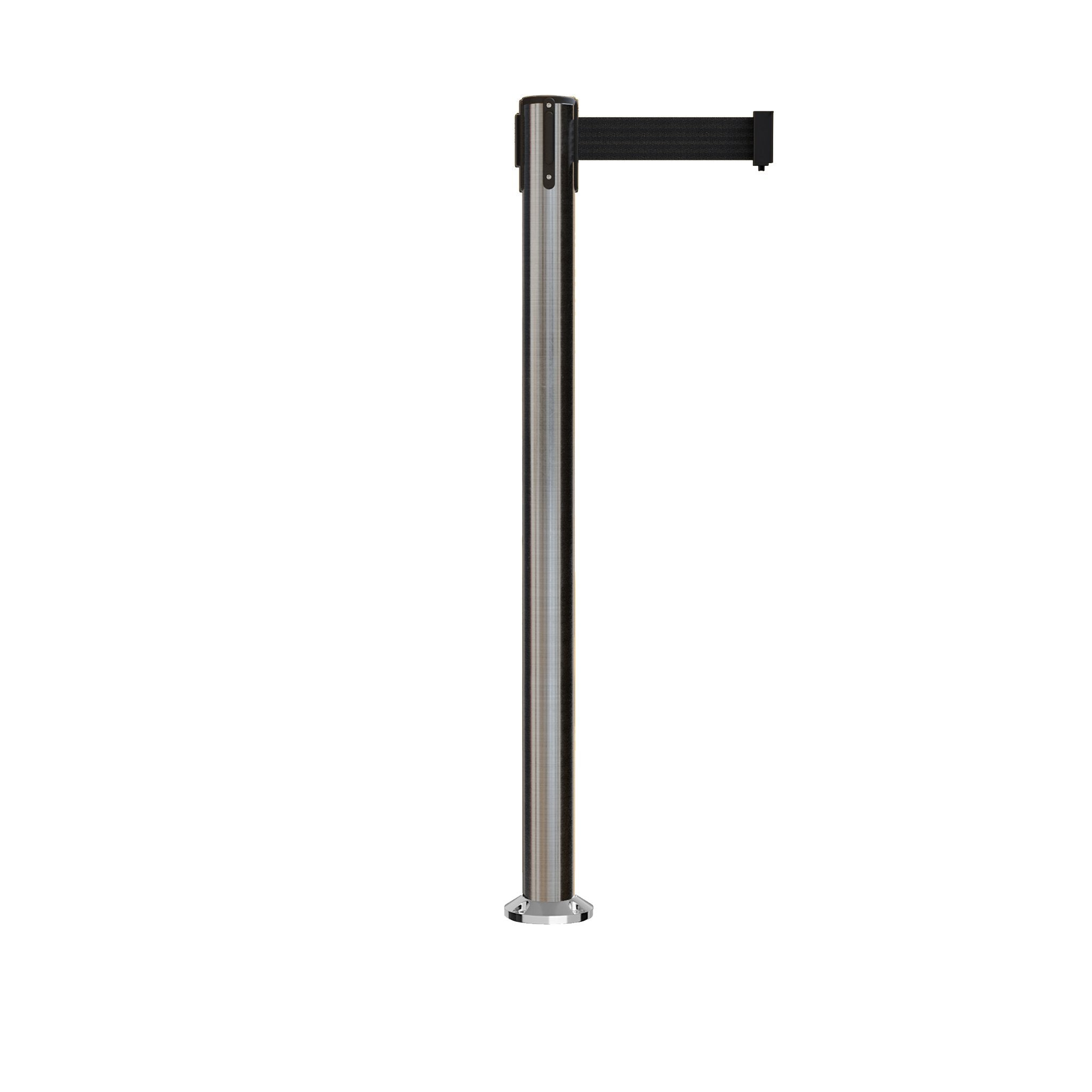 Retractable Belt Barrier Stanchion, Fixed Base, Satin Stainless Steel Post, 11 Ft. Belt - Montour Line MX630F - Crowd Control Warehouse