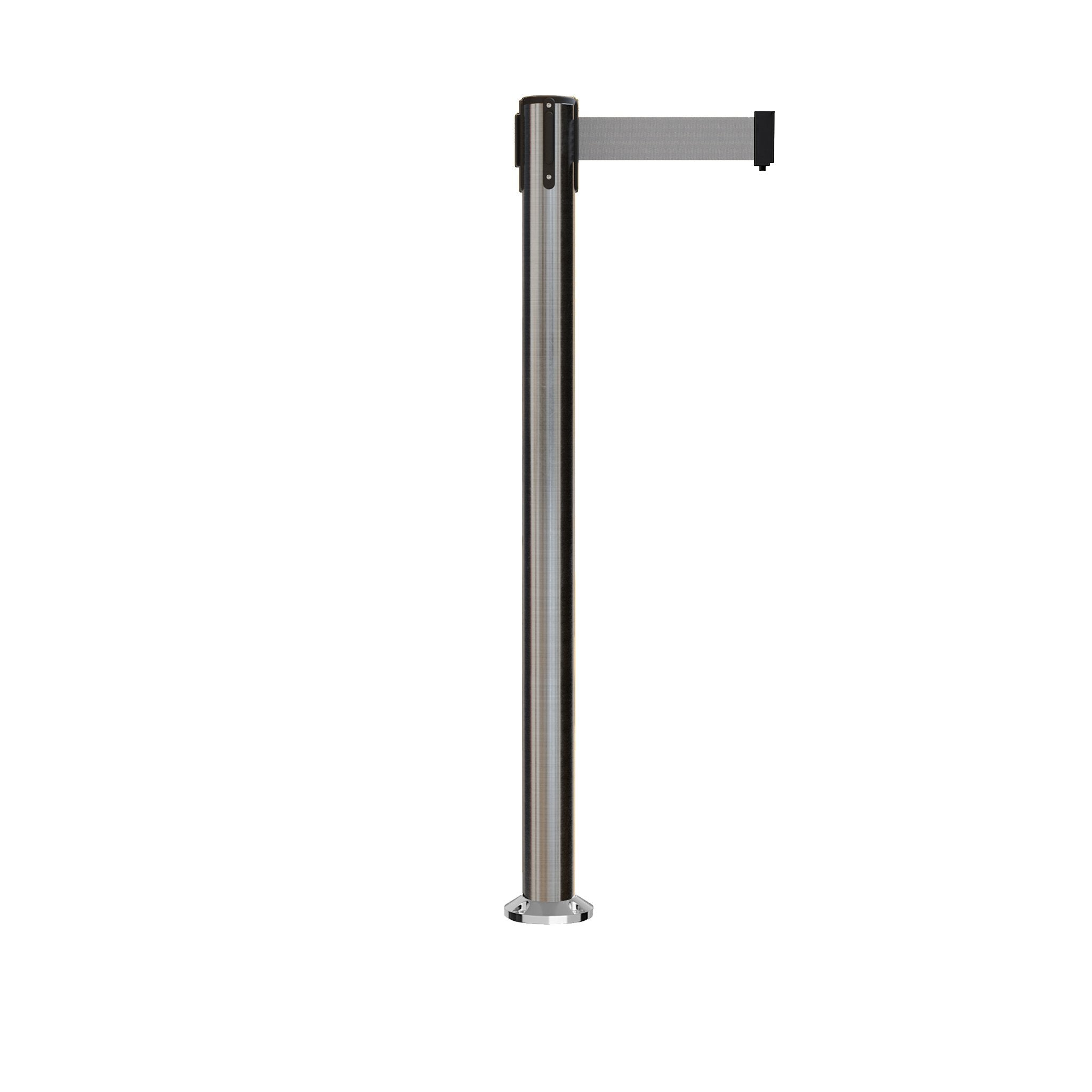 Retractable Belt Barrier Stanchion, Fixed Base, Satin Stainless Steel Post, 11 Ft. Belt - Montour Line MX630F - Crowd Control Warehouse