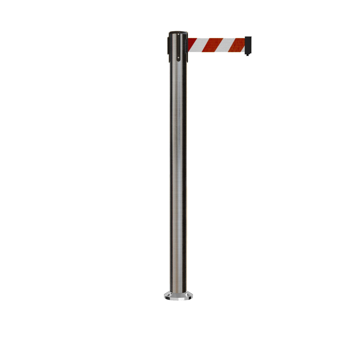Retractable Belt Barrier Stanchion, Fixed Base, Satin Stainless Steel Post, 11 Ft. Belt - Montour Line MX630F - Crowd Control Warehouse