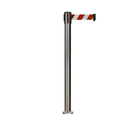 Retractable Belt Barrier Stanchion, Fixed Base, Satin Stainless Steel Post, 11 Ft. Belt - Montour Line MX630F - Crowd Control Warehouse