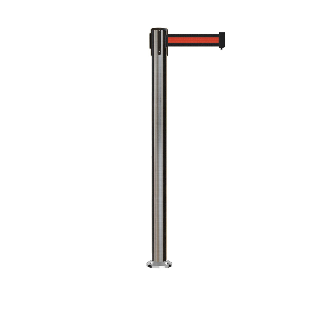 Retractable Belt Barrier Stanchion, Fixed Base, Satin Stainless Steel Post, 11 Ft. Belt - Montour Line MX630F - Crowd Control Warehouse