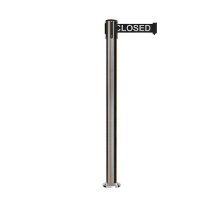 Retractable Belt Barrier Stanchion, Fixed Base, Satin Stainless Steel Post, 11 Ft. Belt - Montour Line MX630F - Crowd Control Warehouse