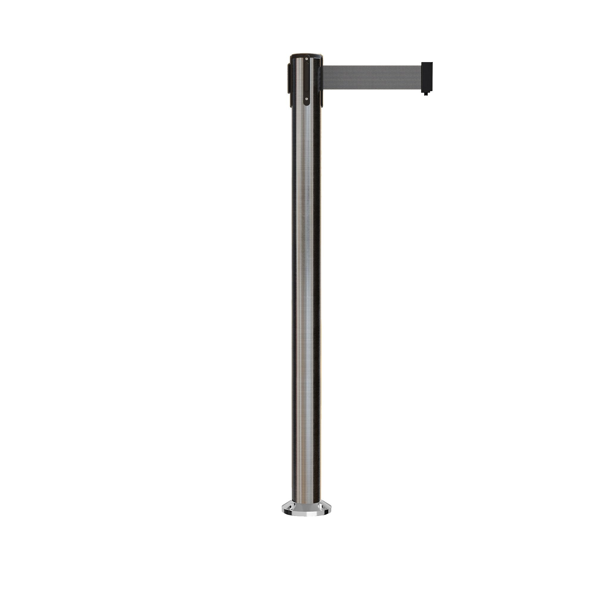 Retractable Belt Barrier Stanchion, Fixed Base, Satin Stainless Steel Post, 11 Ft. Belt - Montour Line MX630F - Crowd Control Warehouse