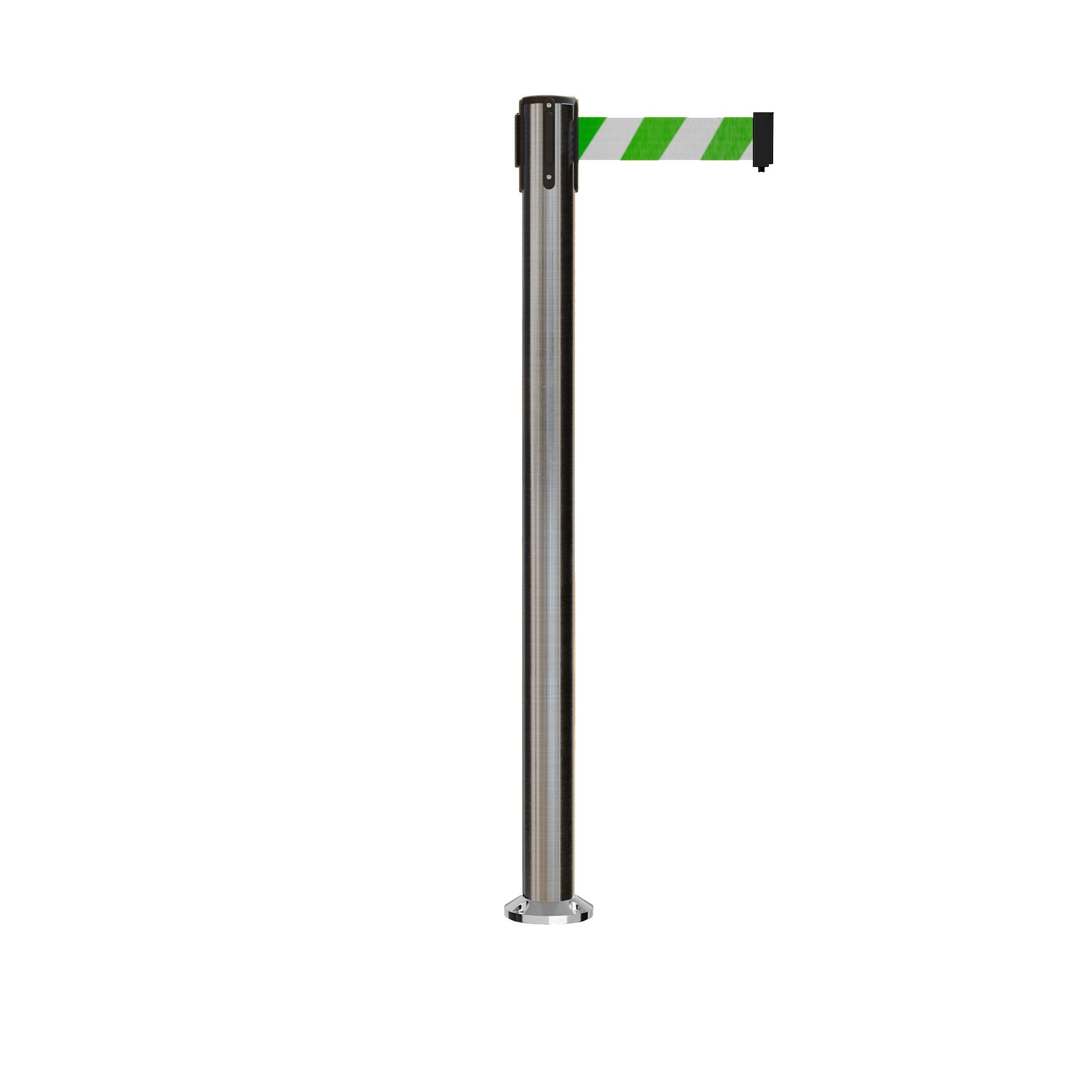 Retractable Belt Barrier Stanchion, Fixed Base, Satin Stainless Steel Post, 11 Ft. Belt - Montour Line MX630F - Crowd Control Warehouse