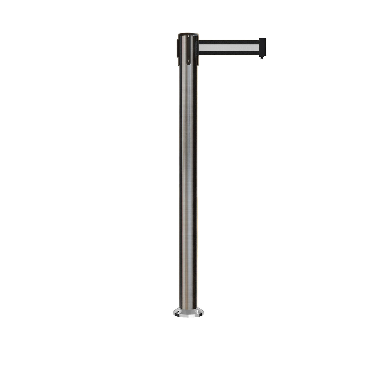Retractable Belt Barrier Stanchion, Fixed Base, Satin Stainless Steel Post, 11 Ft. Belt - Montour Line MX630F - Crowd Control Warehouse