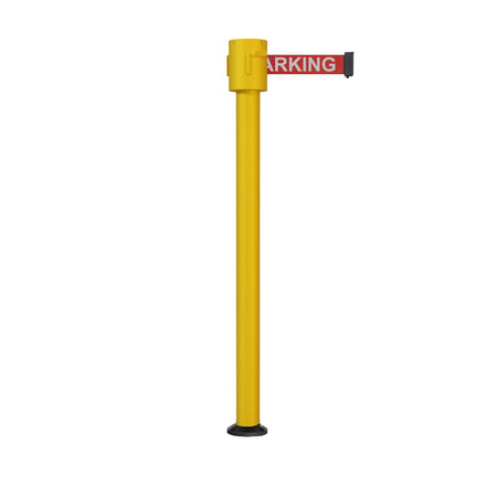 Retractable Belt Barrier Stanchion, Fixed Base, Yellow Post, 35 ft Belt - Montour Line MSX760F - Crowd Control Warehouse