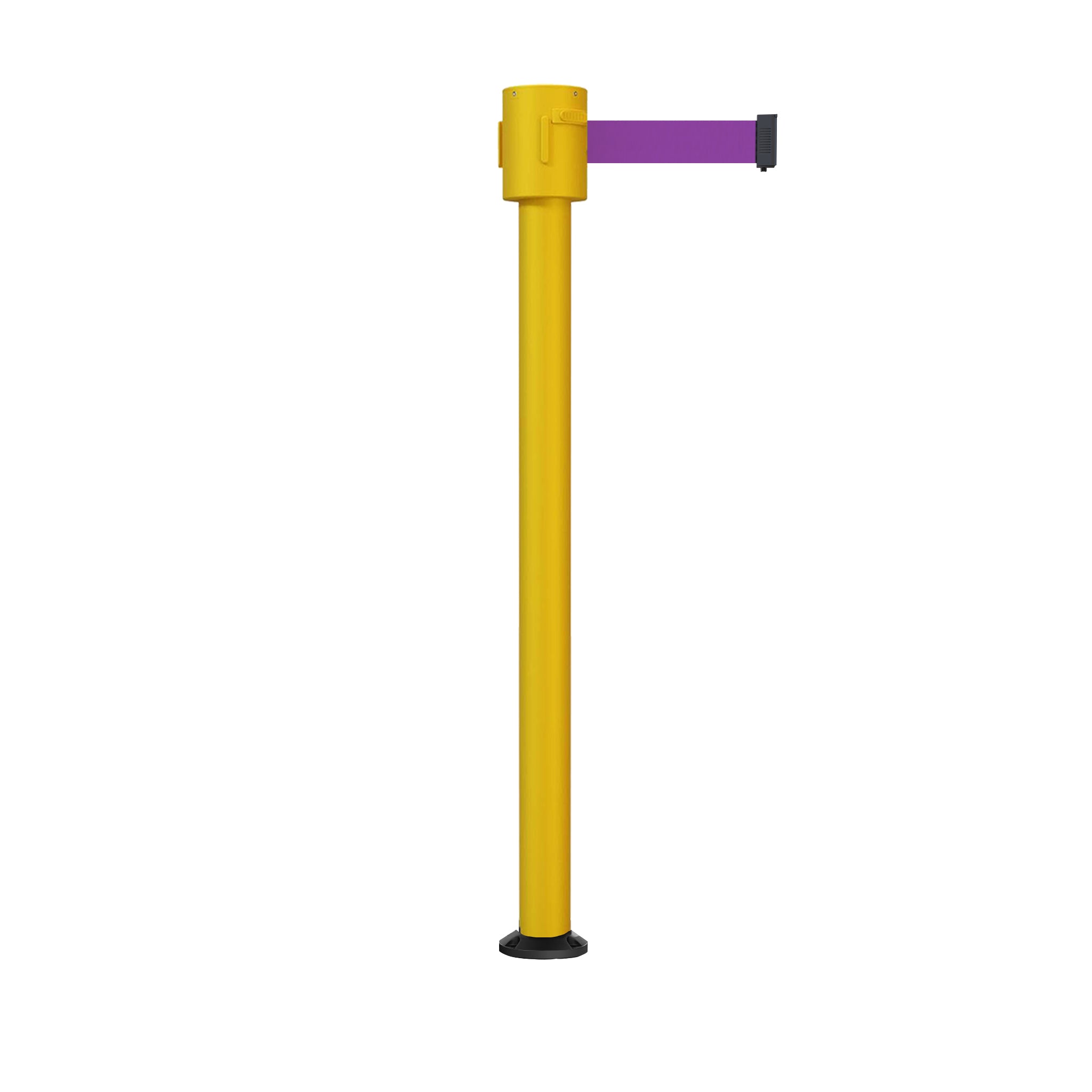 Retractable Belt Barrier Stanchion, Fixed Base, Yellow Post, 35 ft Belt - Montour Line MSX760F - Crowd Control Warehouse
