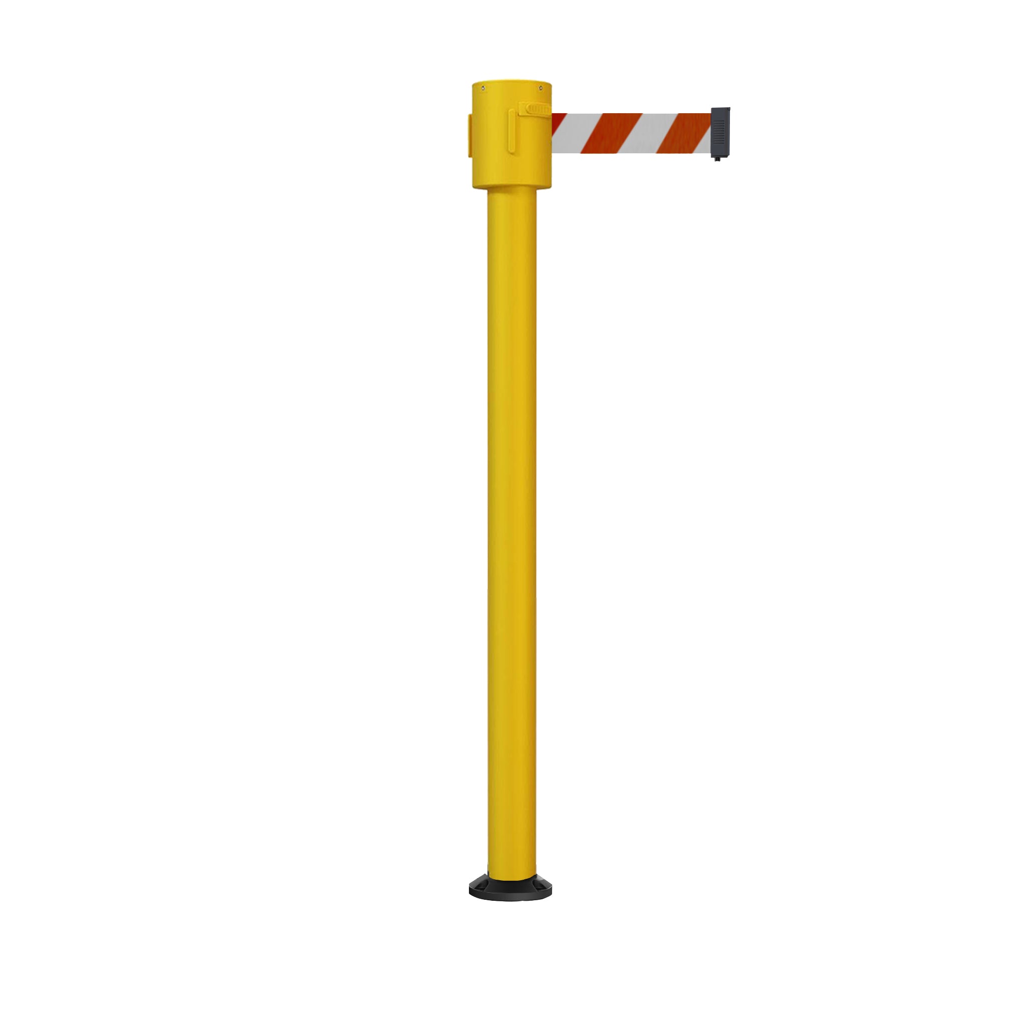 Retractable Belt Barrier Stanchion, Fixed Base, Yellow Post, 35 ft Belt - Montour Line MSX760F - Crowd Control Warehouse