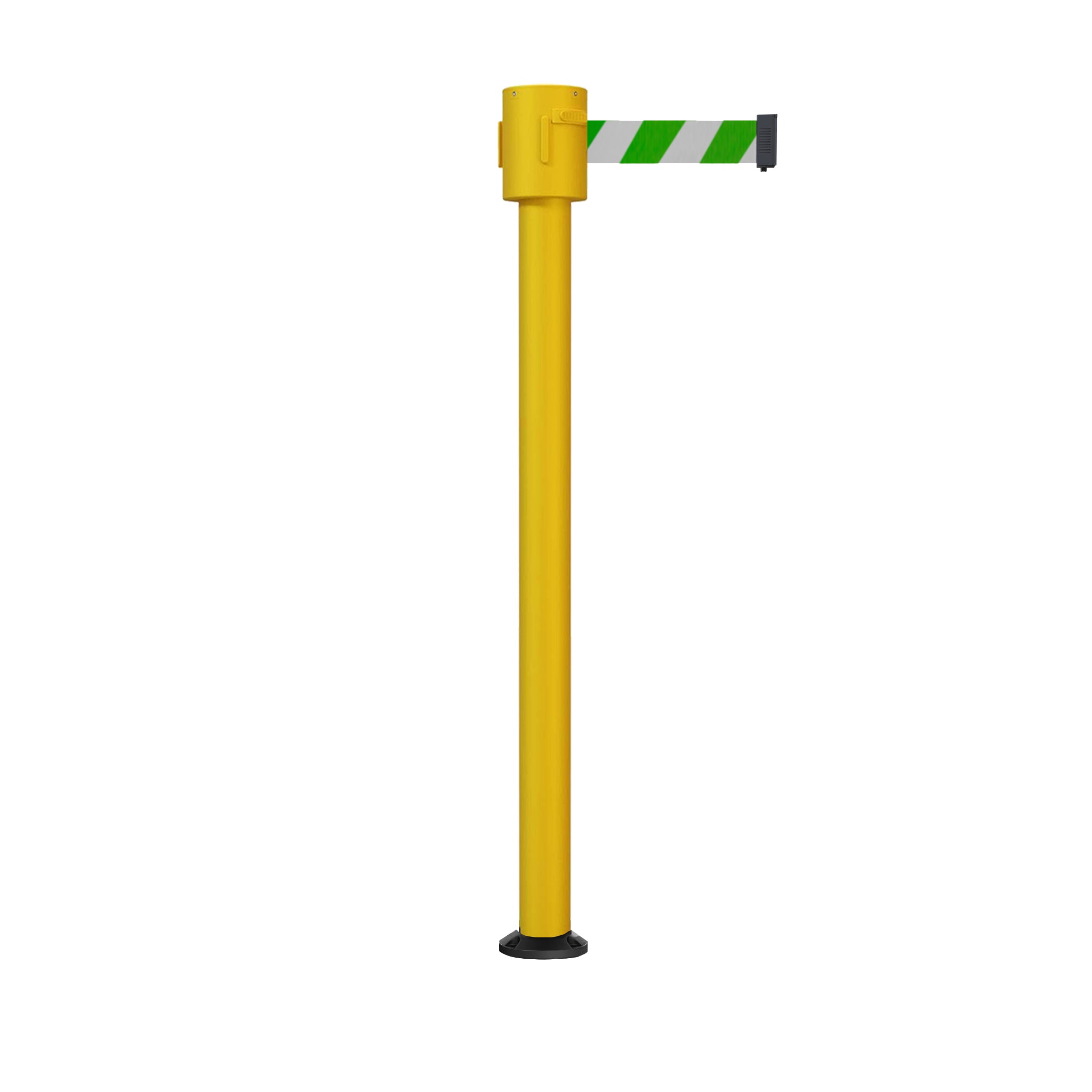 Retractable Belt Barrier Stanchion, Fixed Base, Yellow Post, 35 ft Belt - Montour Line MSX760F - Crowd Control Warehouse