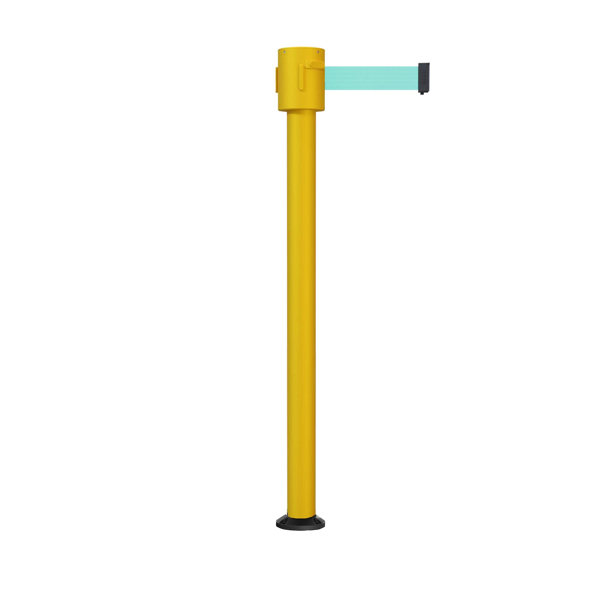 Retractable Belt Barrier Stanchion, Fixed Base, Yellow Post, 35 ft Belt - Montour Line MSX760F - Crowd Control Warehouse