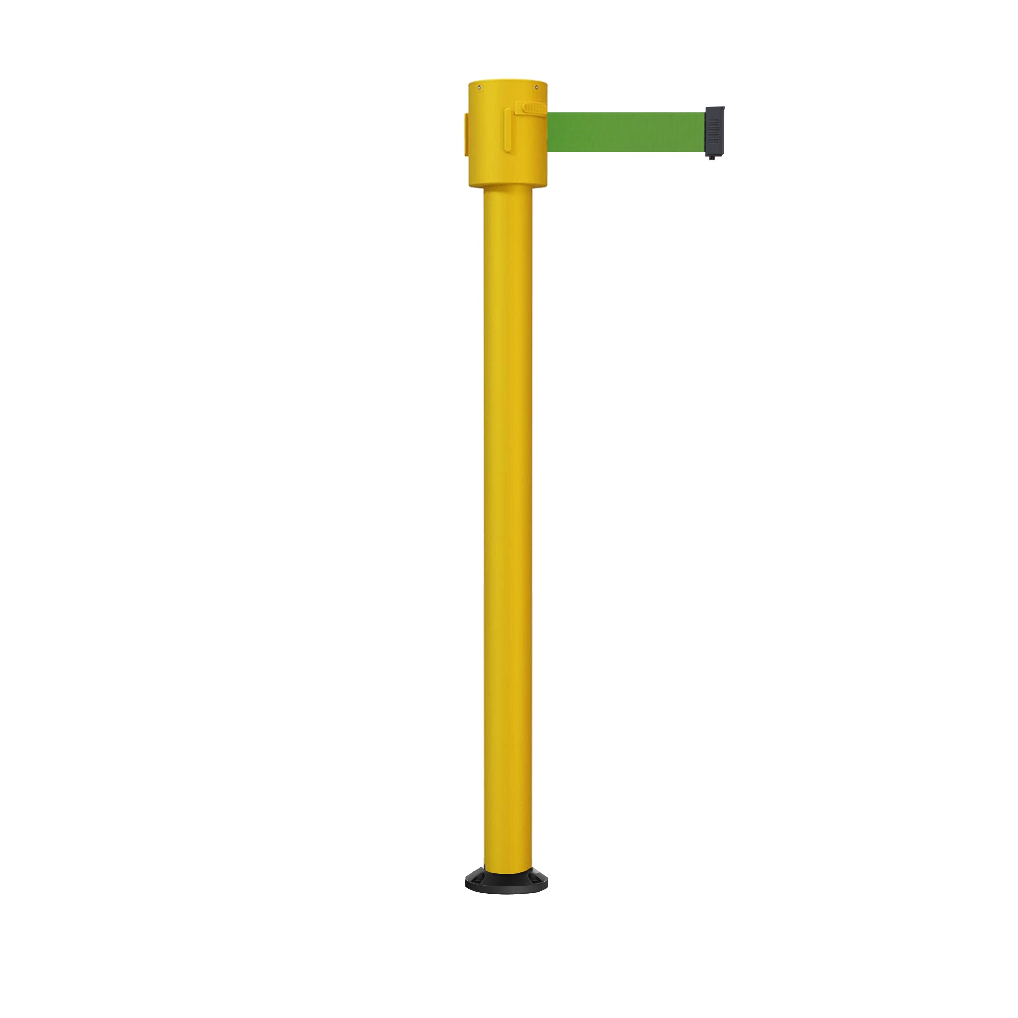 Retractable Belt Barrier Stanchion, Fixed Base, Yellow Post, 35 ft Belt - Montour Line MSX760F - Crowd Control Warehouse